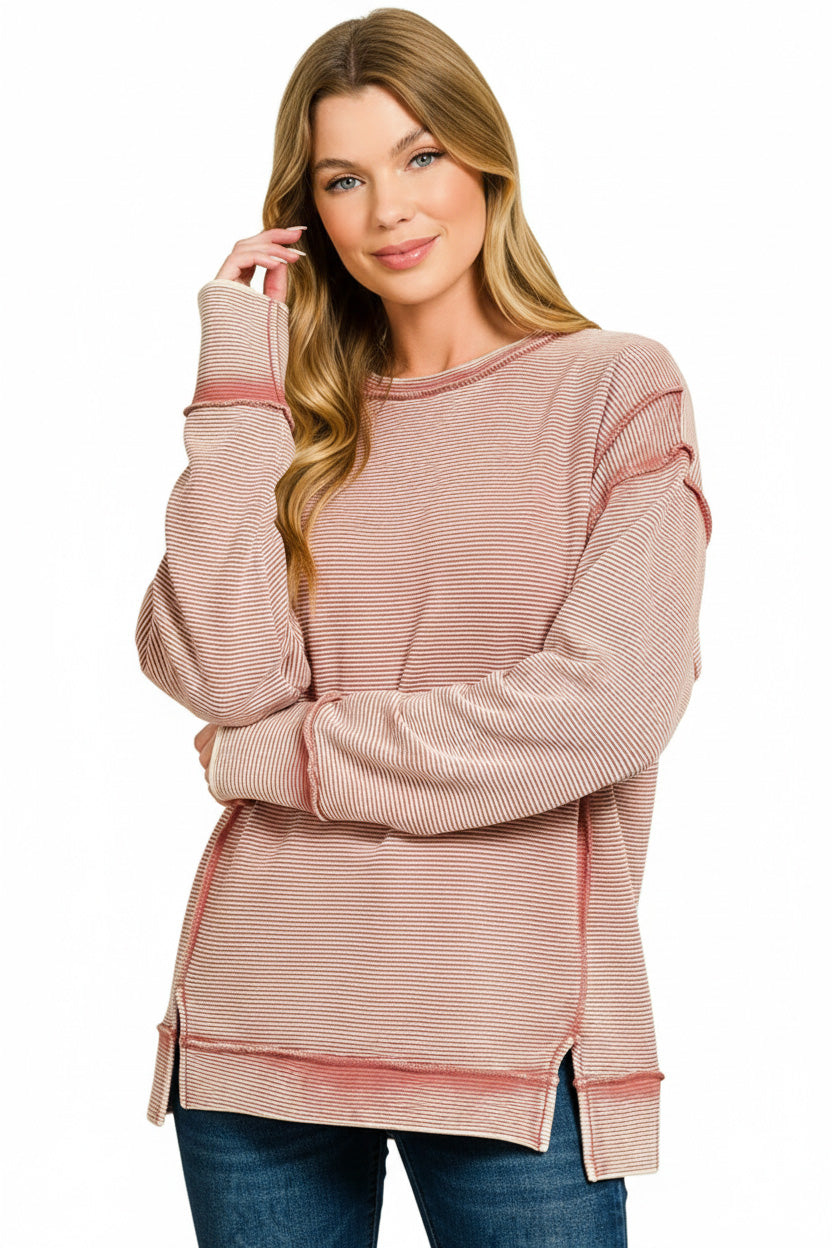 Zenana Acid Washed Double Ribbed Exposed-Seam Sweatshirt