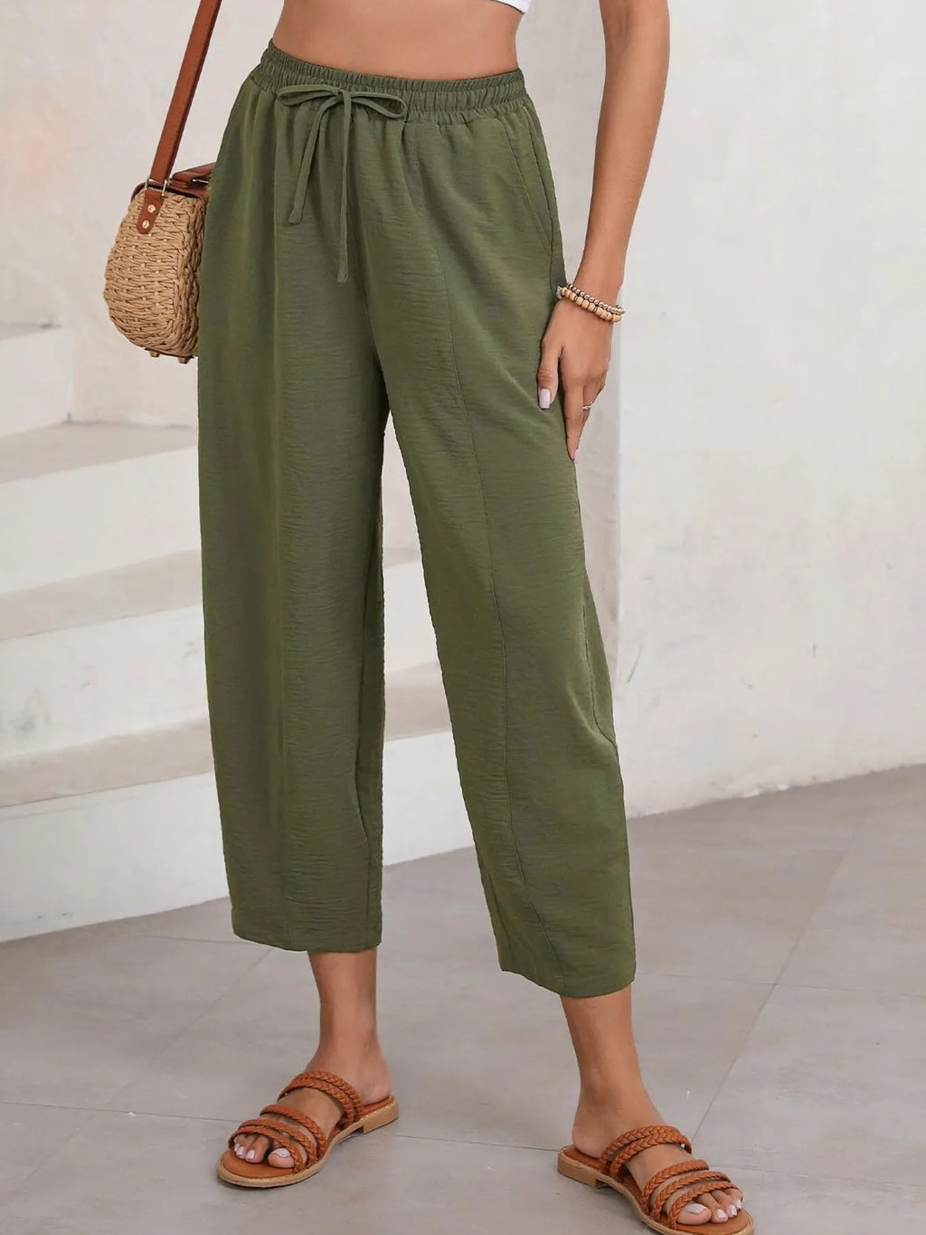 Full Size Drawstring Wide Leg Cropped Pants Plus Size