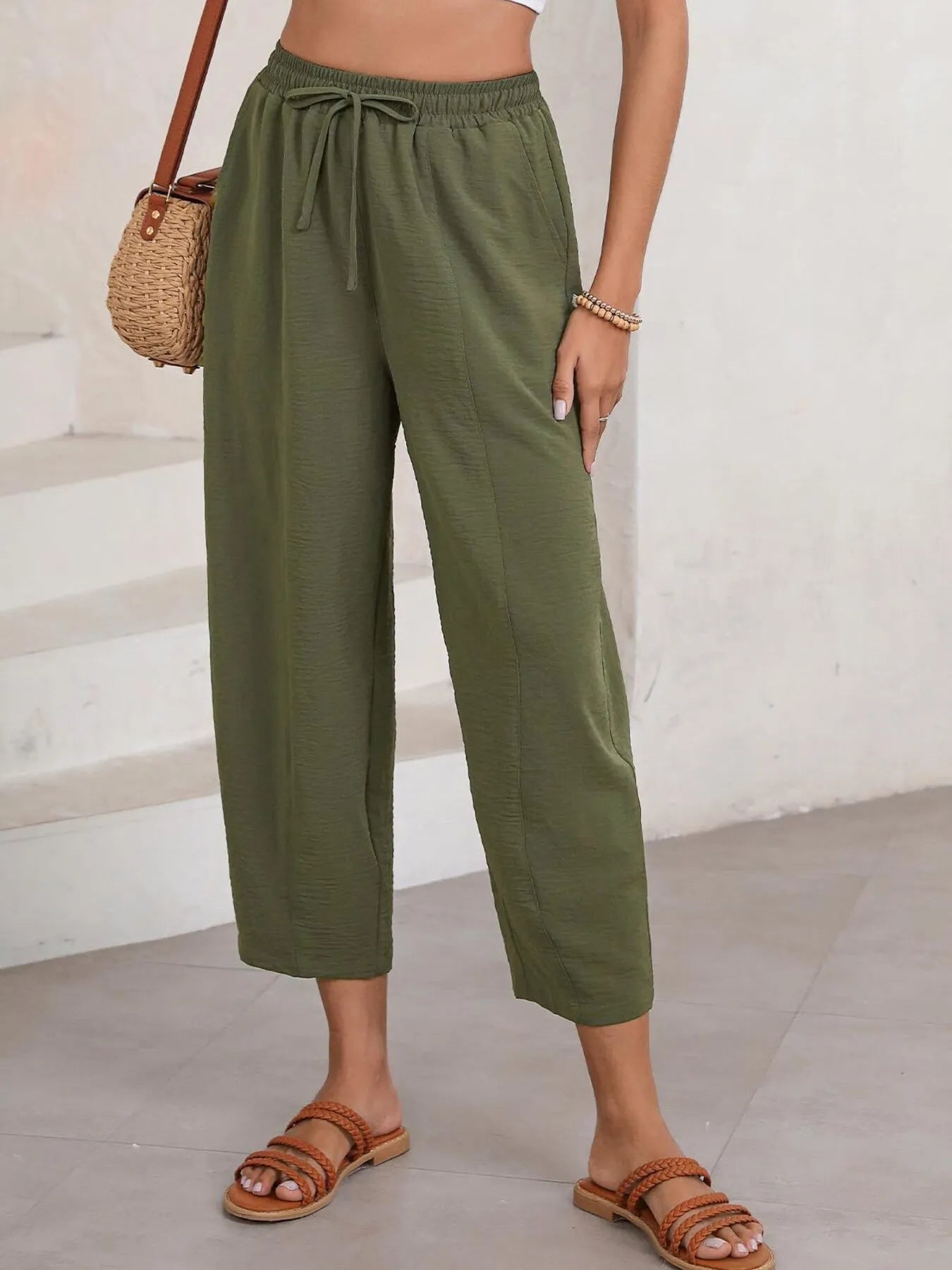 Full Size Drawstring Wide Leg Cropped Pants Plus Size