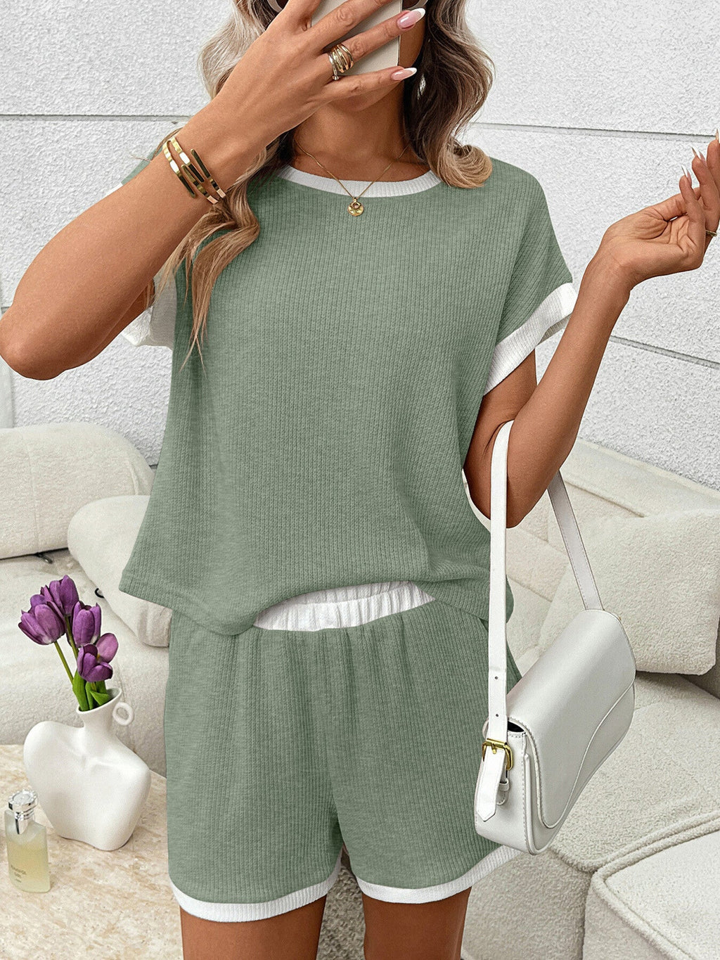 Contrast Trim Short Sleeve Top and Shorts Set