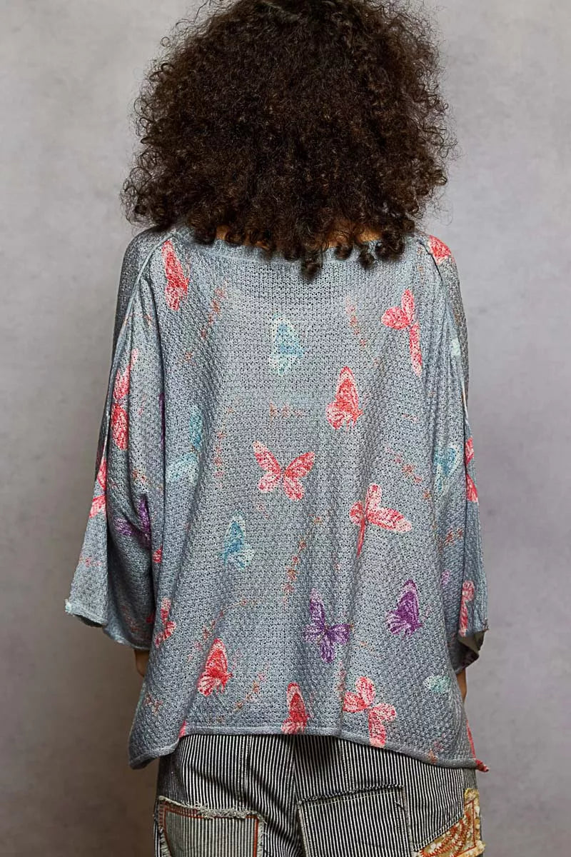 POL Butterflies Pattern Round Neck knit Top with Outseam Rolling Edge