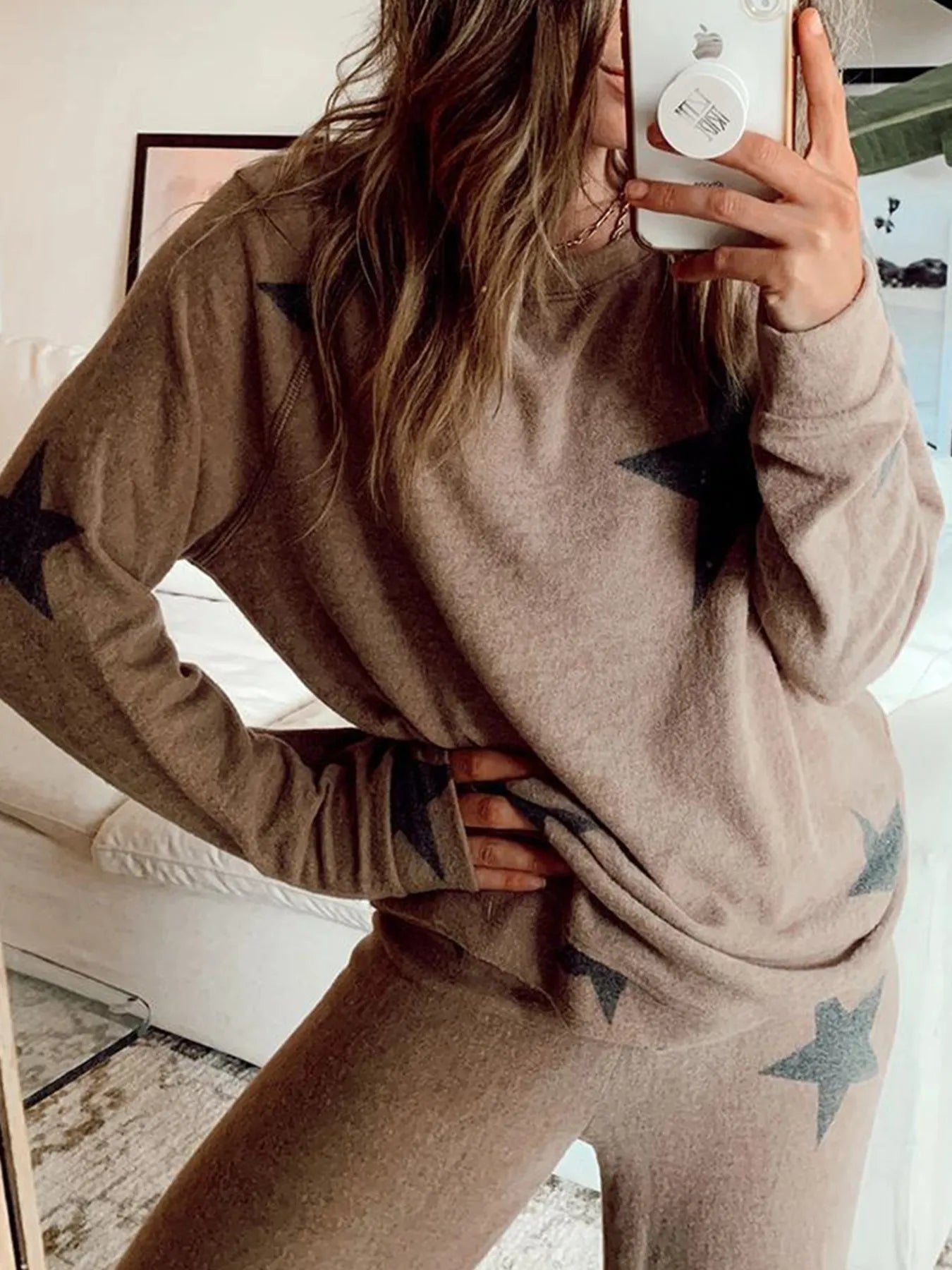 Star Print Top and Drawstring Pants Set