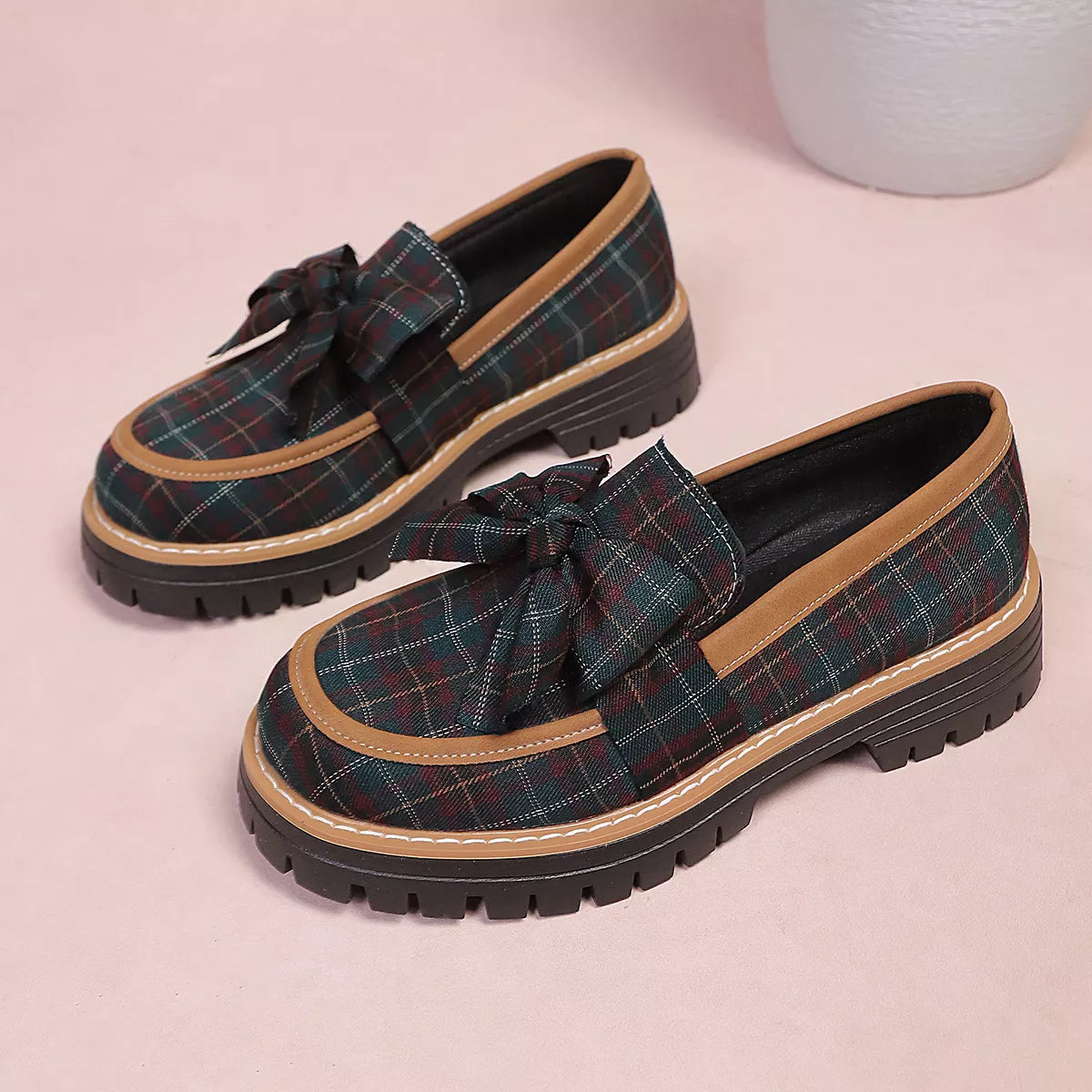 Plaid Bow Decor Chunky Loafers
