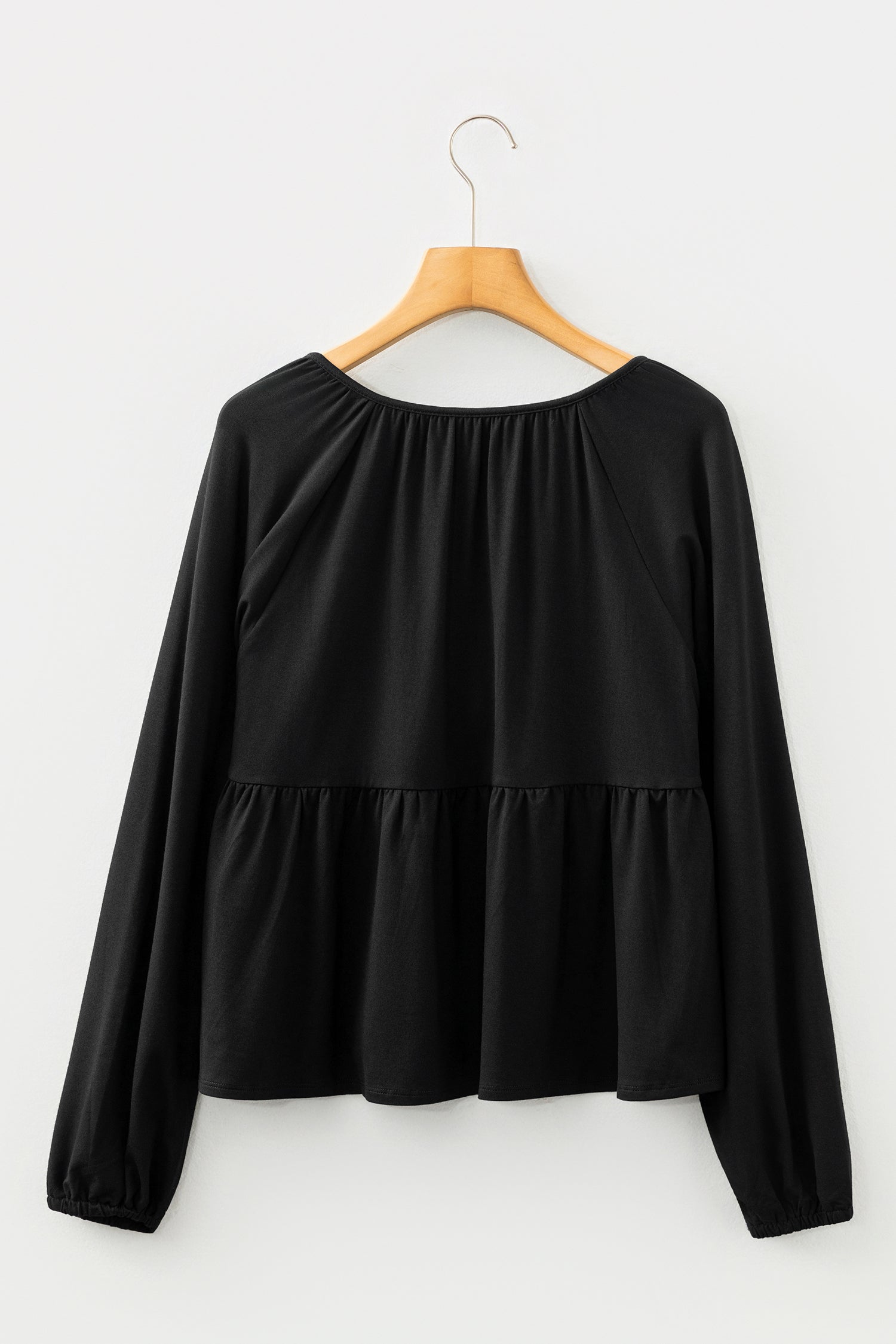 Solid Smocked Split V-Neck Buttoned Blouse