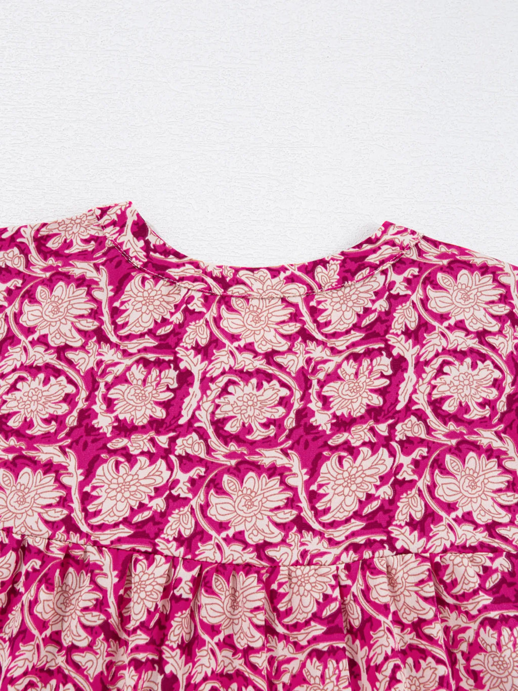 Floral Print Split Neck Pleated Long Sleeve Blouse