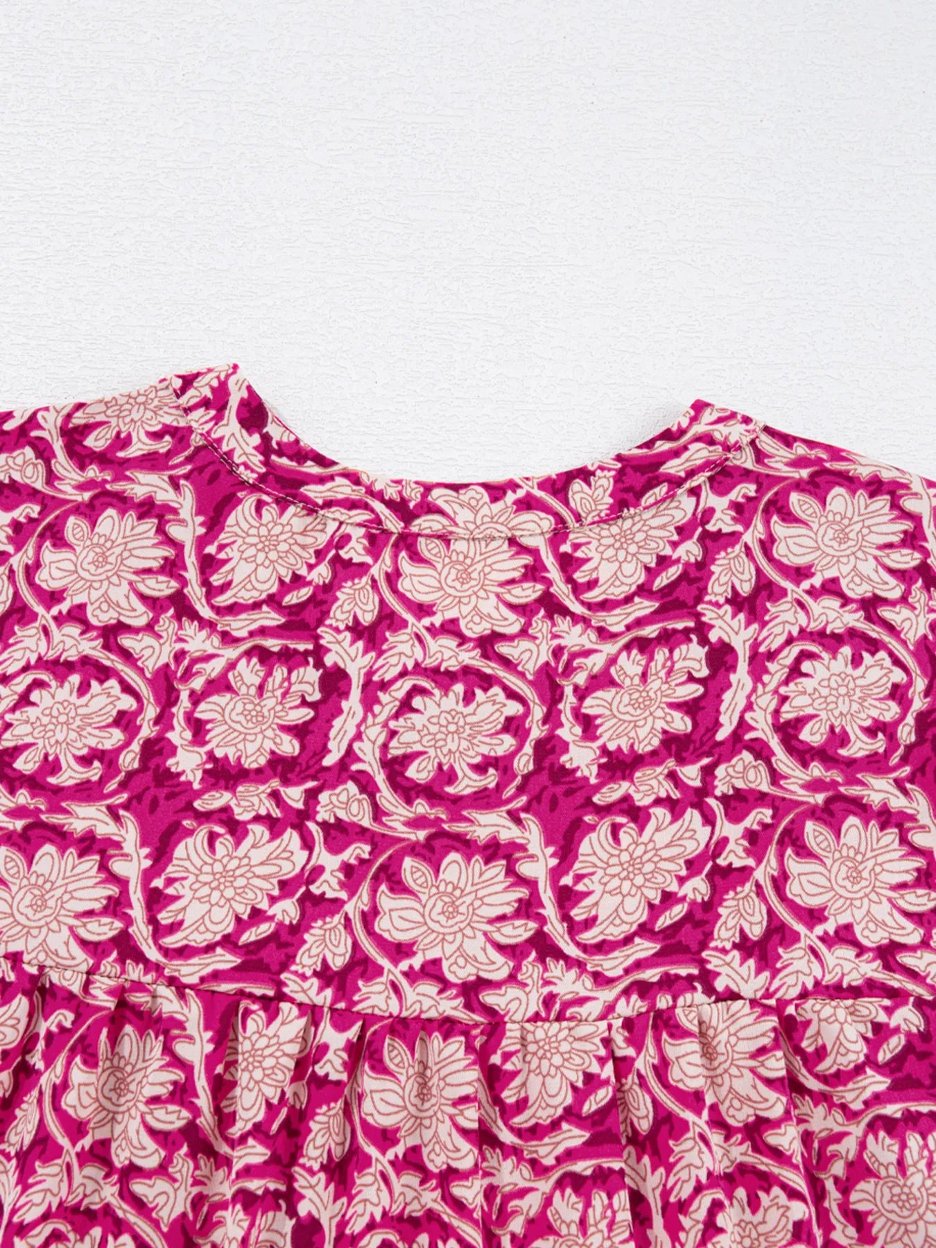 Floral Print Split Neck Pleated Long Sleeve Blouse