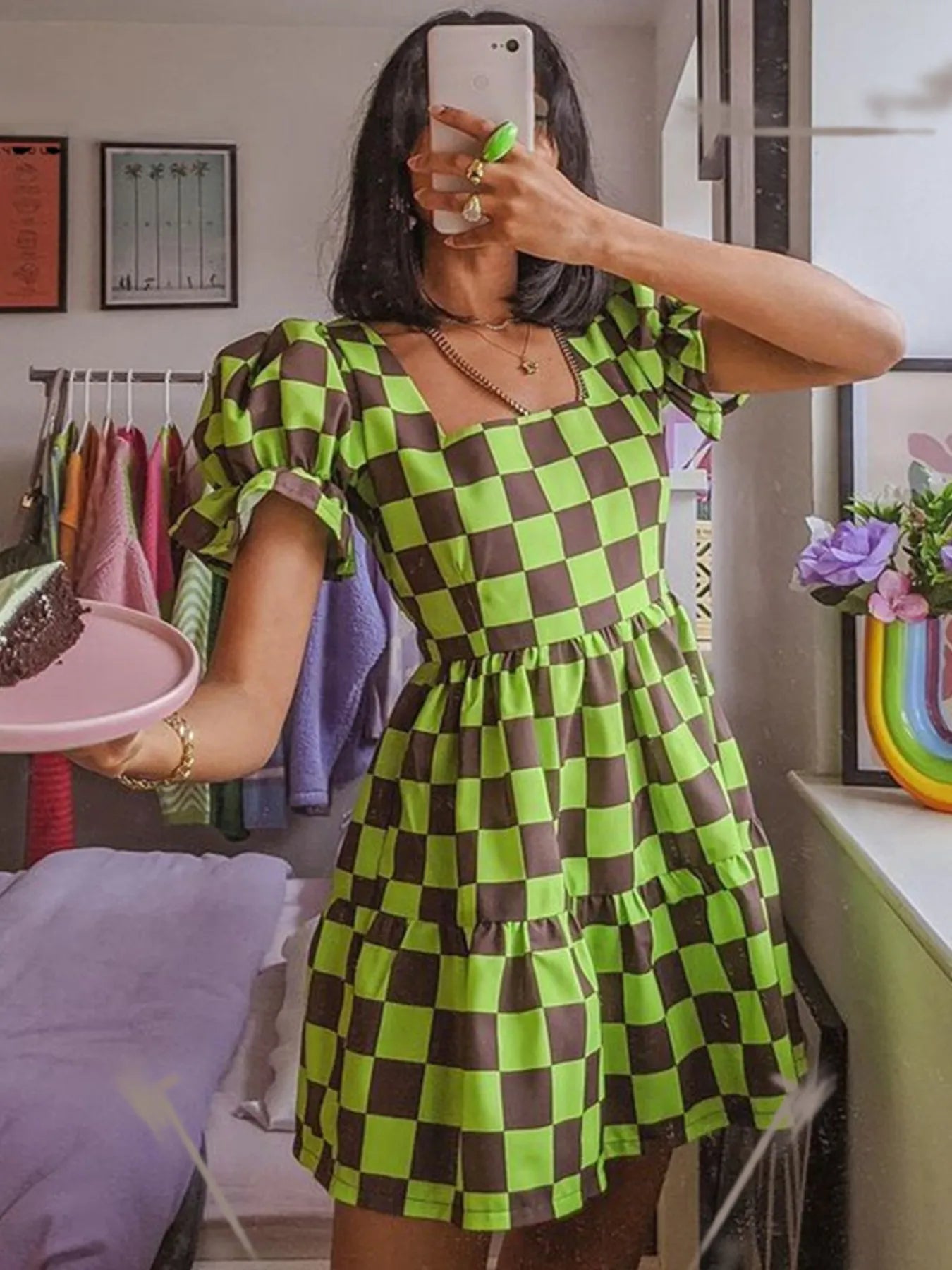 Checkered Short Sleeve Tiered Mini Dress