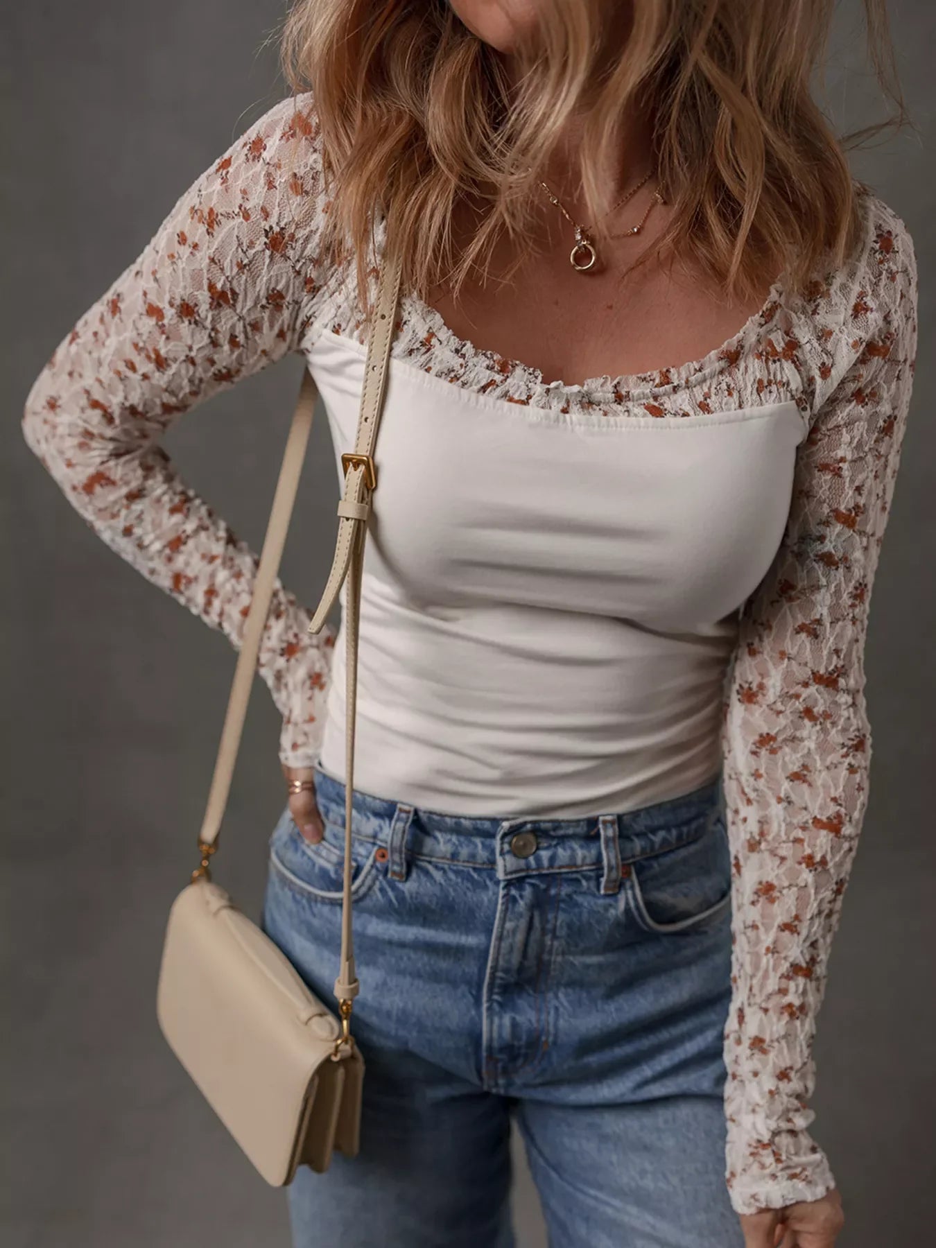 Floral Lace Patchwork Square Neck Long Sleeve Top