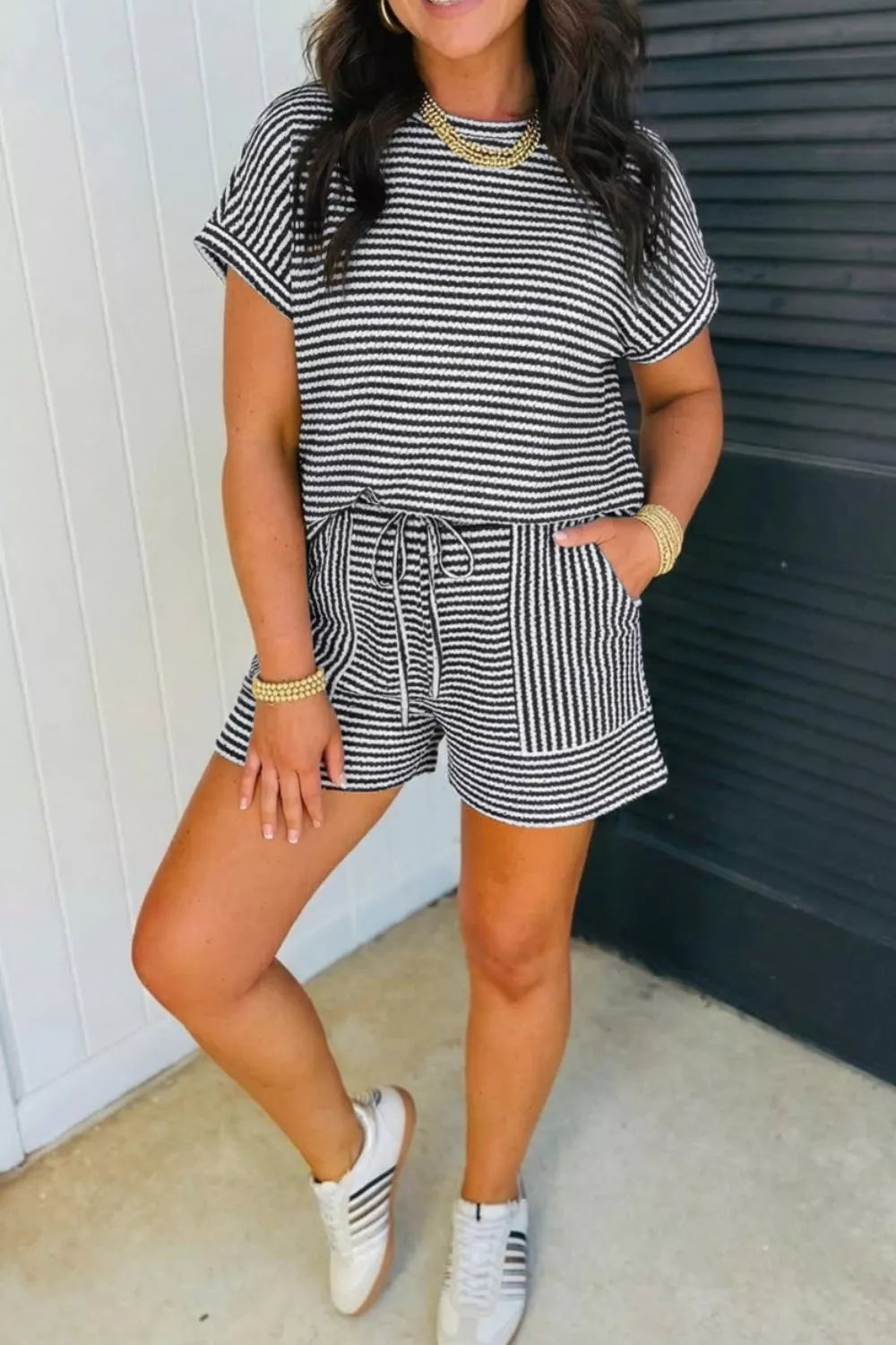 Striped Knit Short Sleeve Tee and Shorts Set