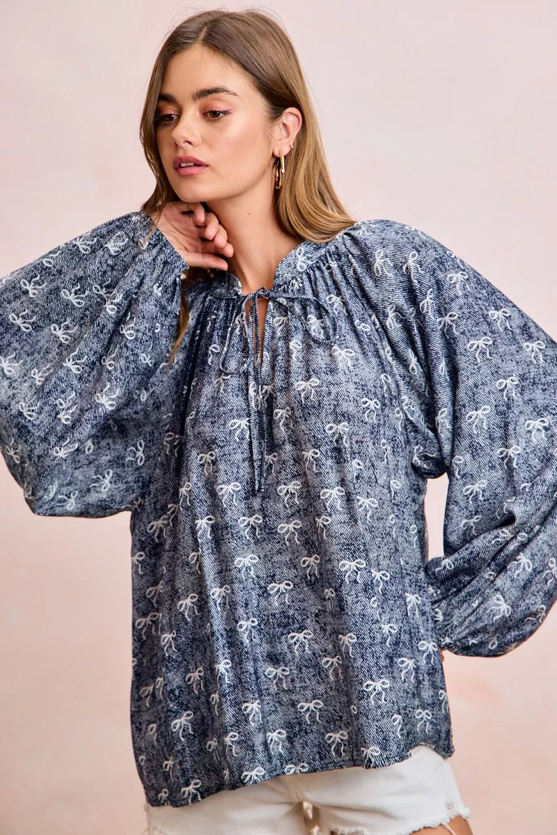 BiBi Ribbon Bow Print Exaggerated Balloon Sleeves Top