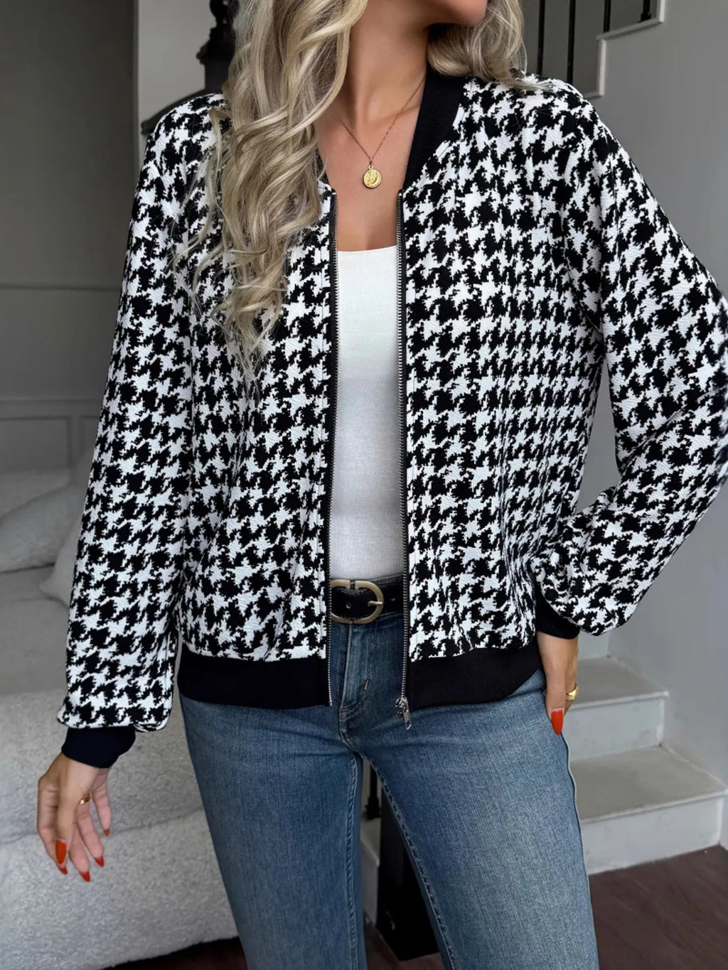 Zip Up Houndstooth Pattern Jacket