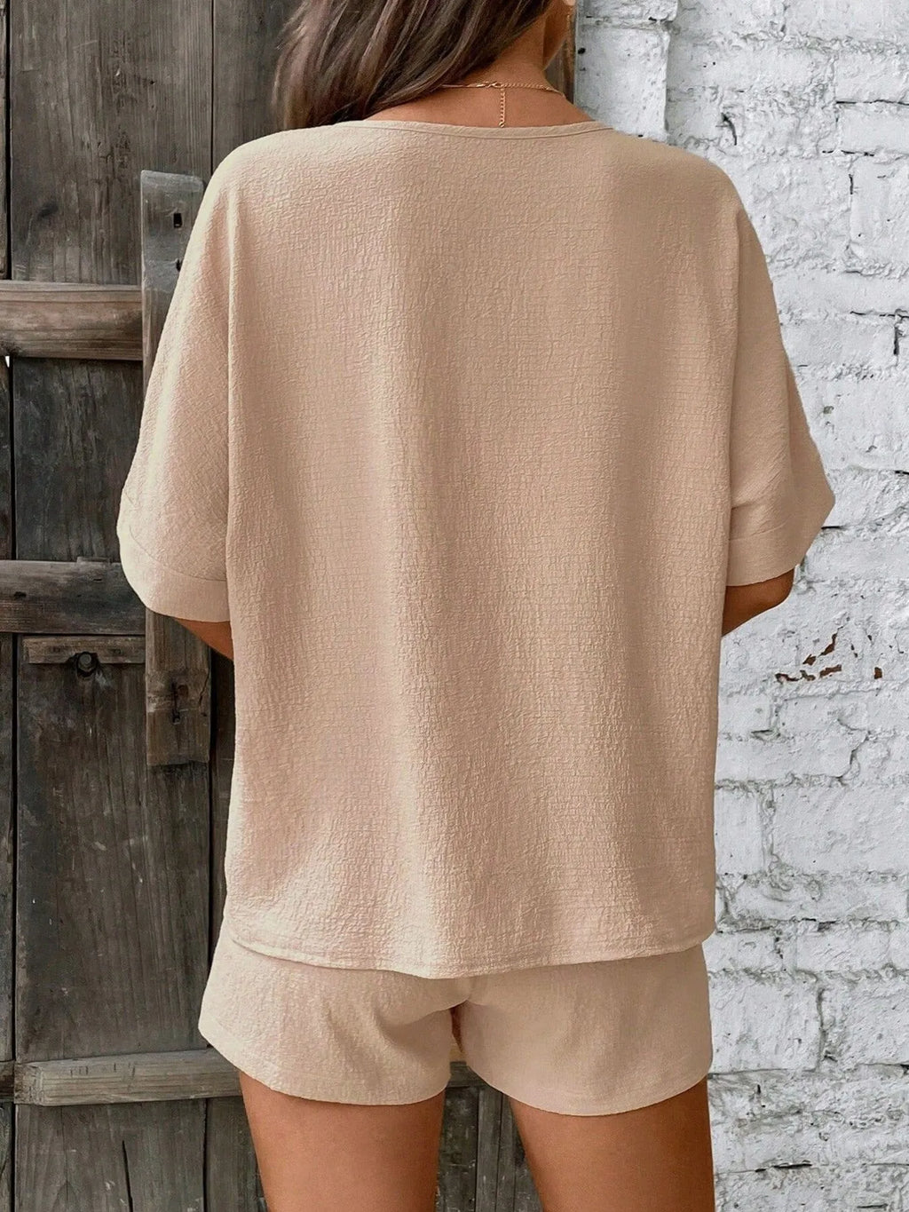 Relaxed Fit V-Neck Top and Shorts Two-Piece Set