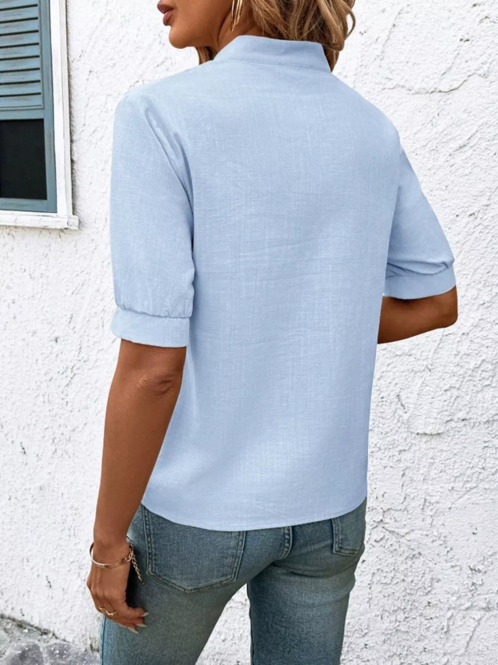 Embroidered Notched Short Sleeve Blouse