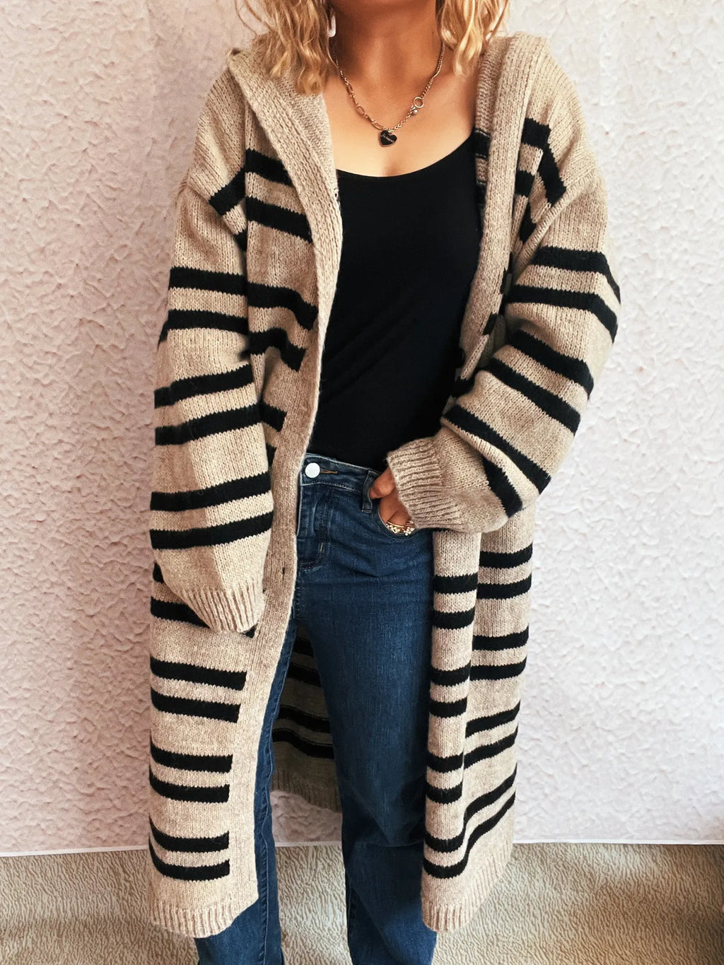 Striped Open Front Hooded Cardigan