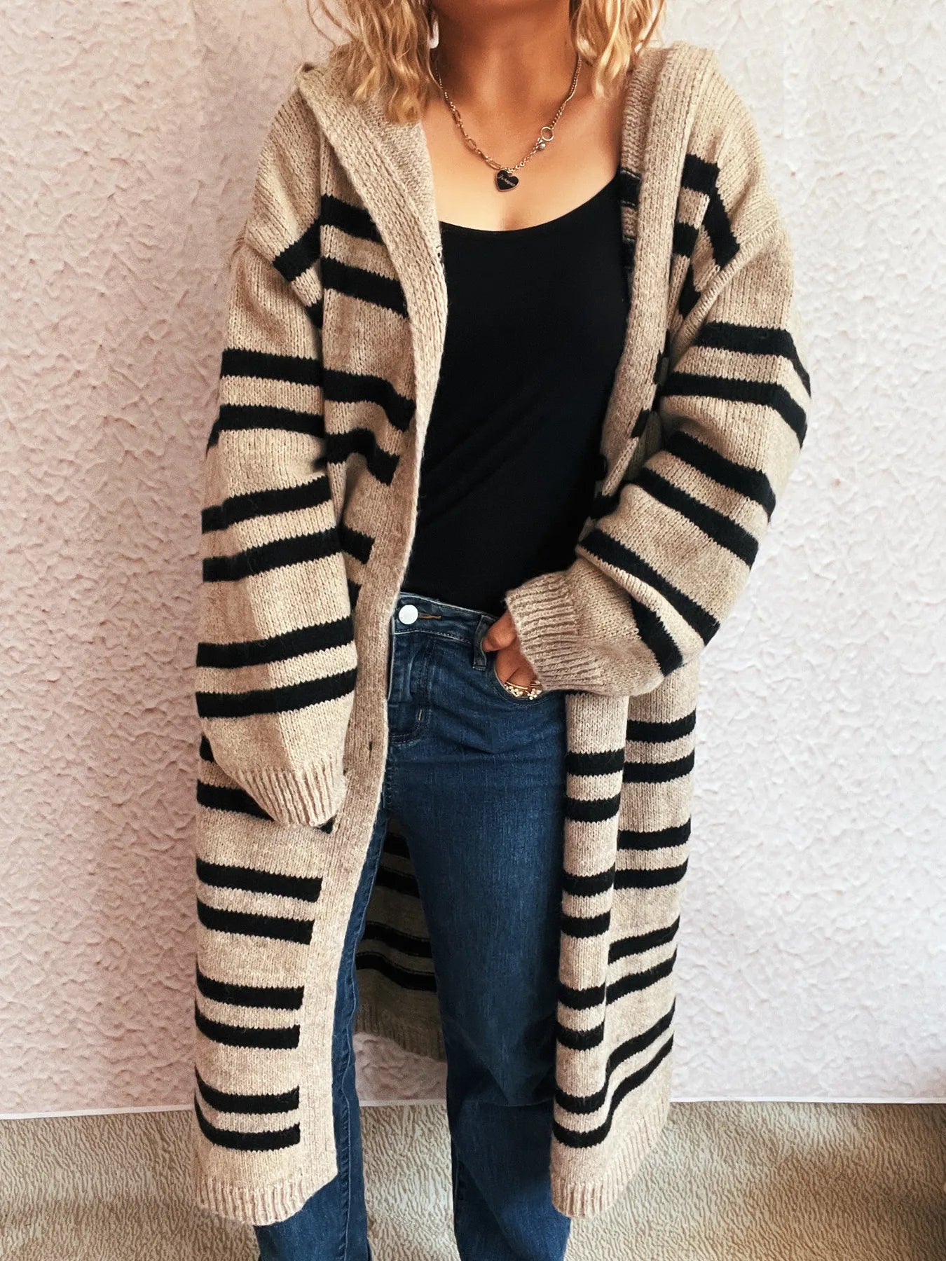 Striped Open Front Hooded Cardigan
