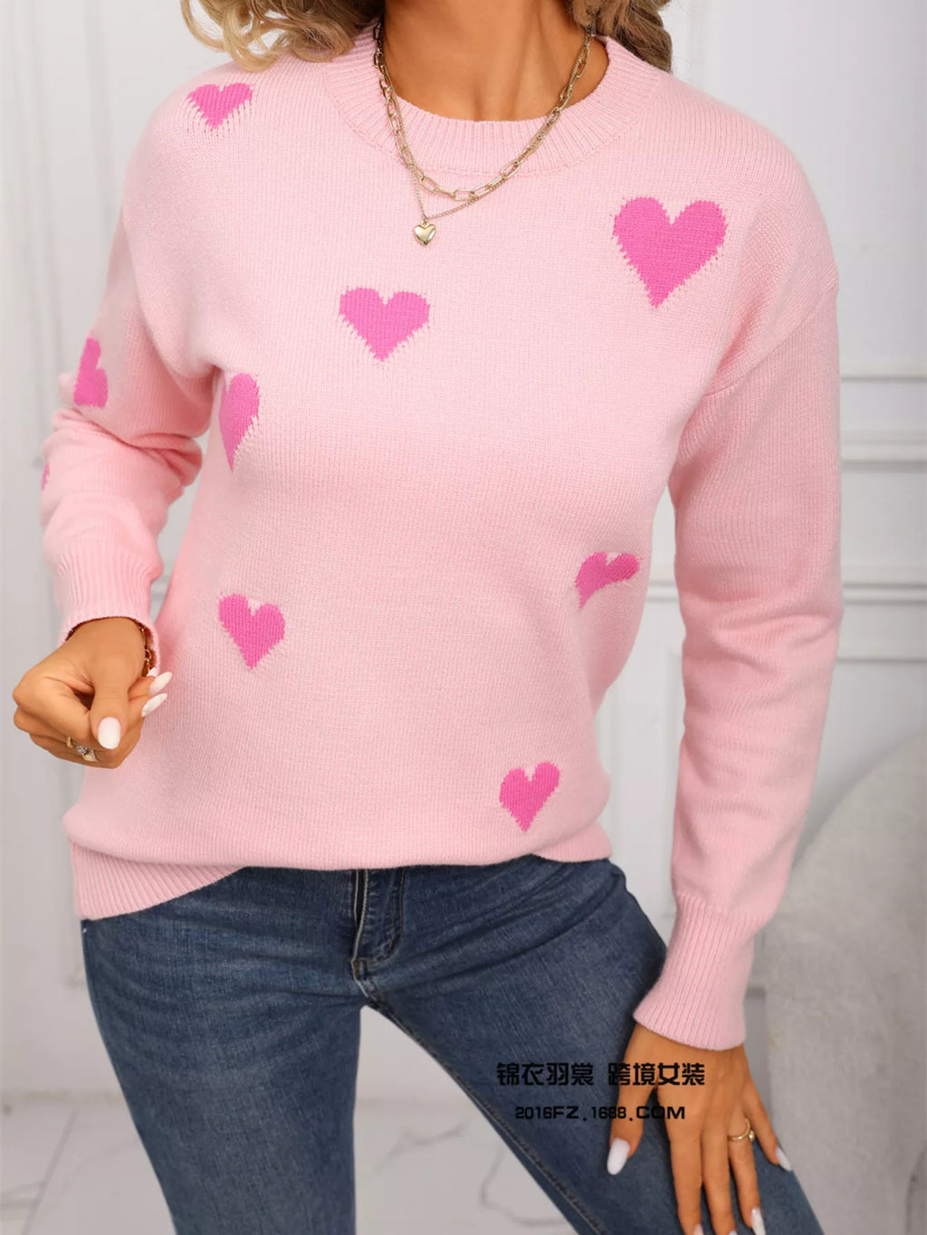 Valentine's Day Heart Print Round Neck Sweater