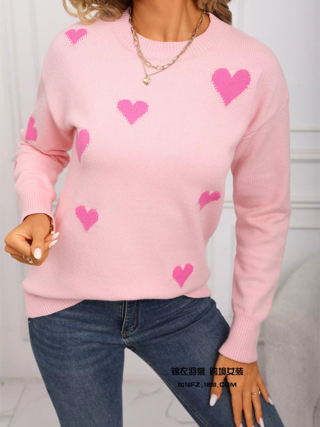 Valentine's Day Heart Print Round Neck Sweater