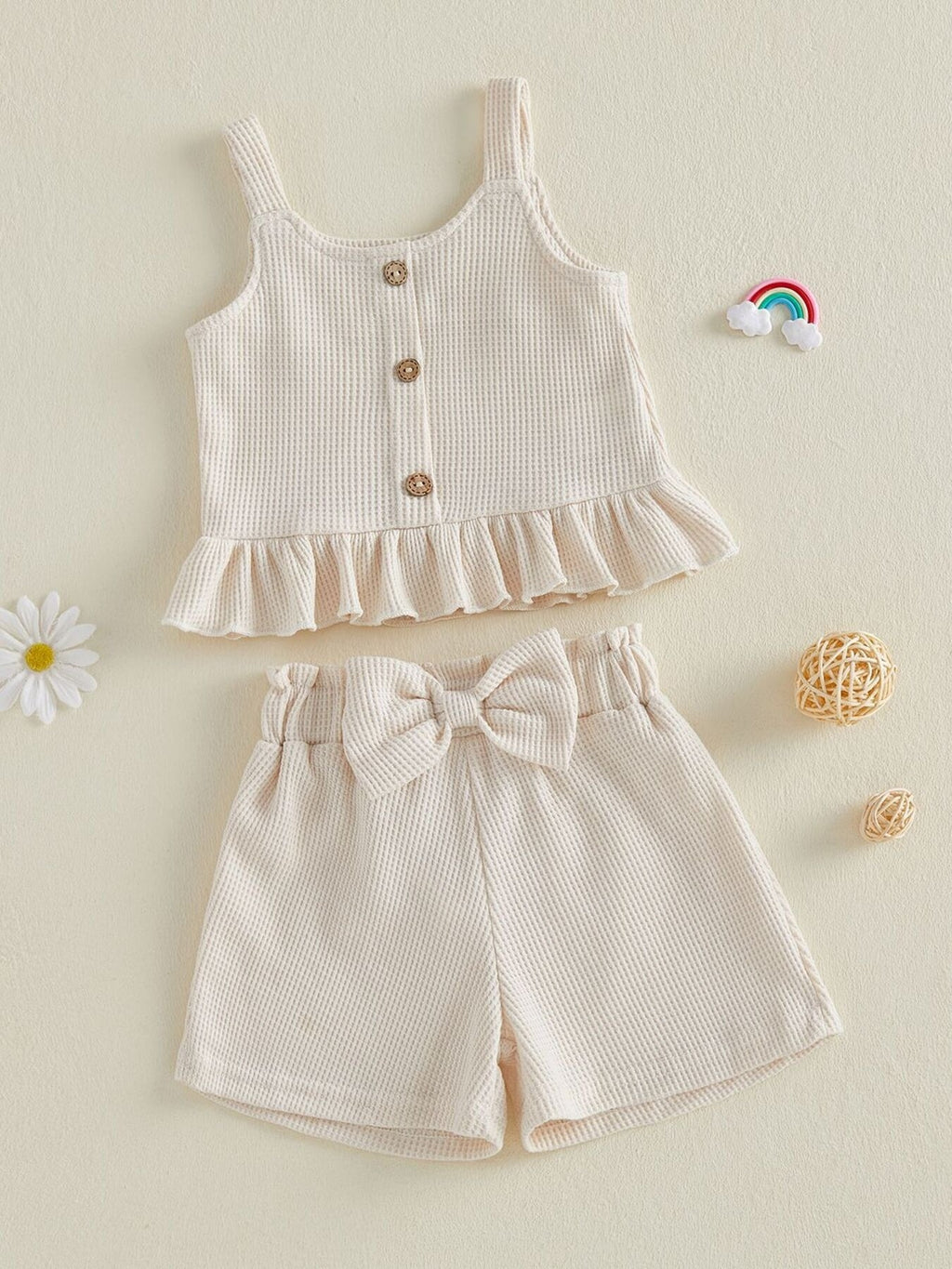 Children's Waffle Knit Tank Top and Bow Shorts Set