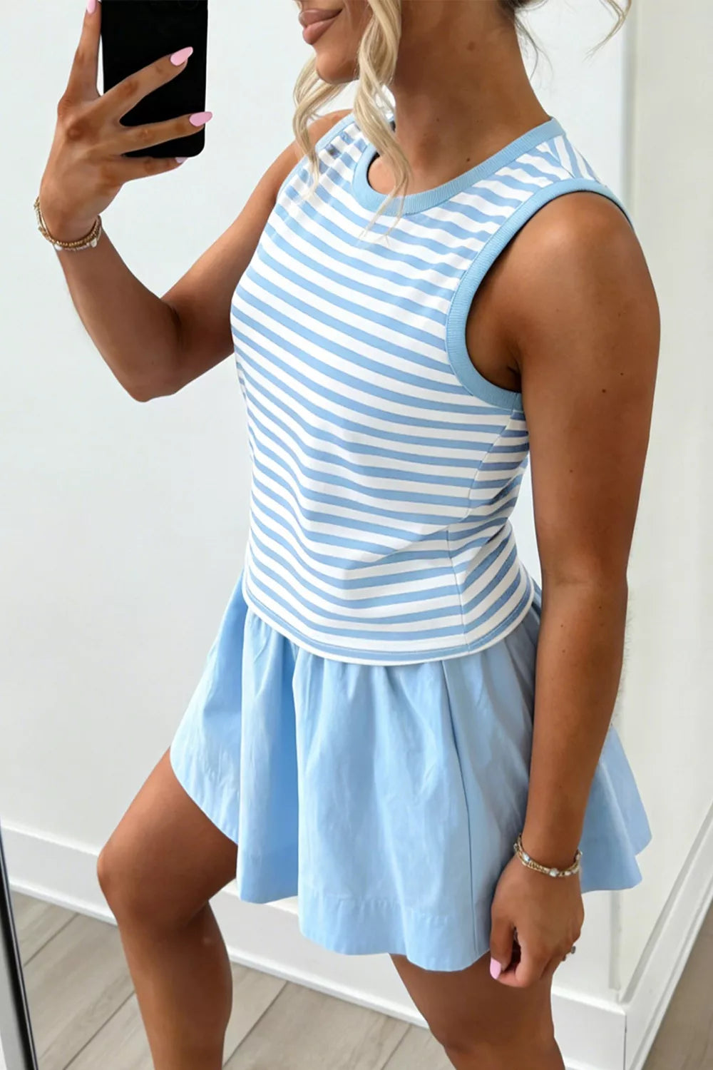 Stripe Slim Tank Contrast Ruffle Mini Skort Set