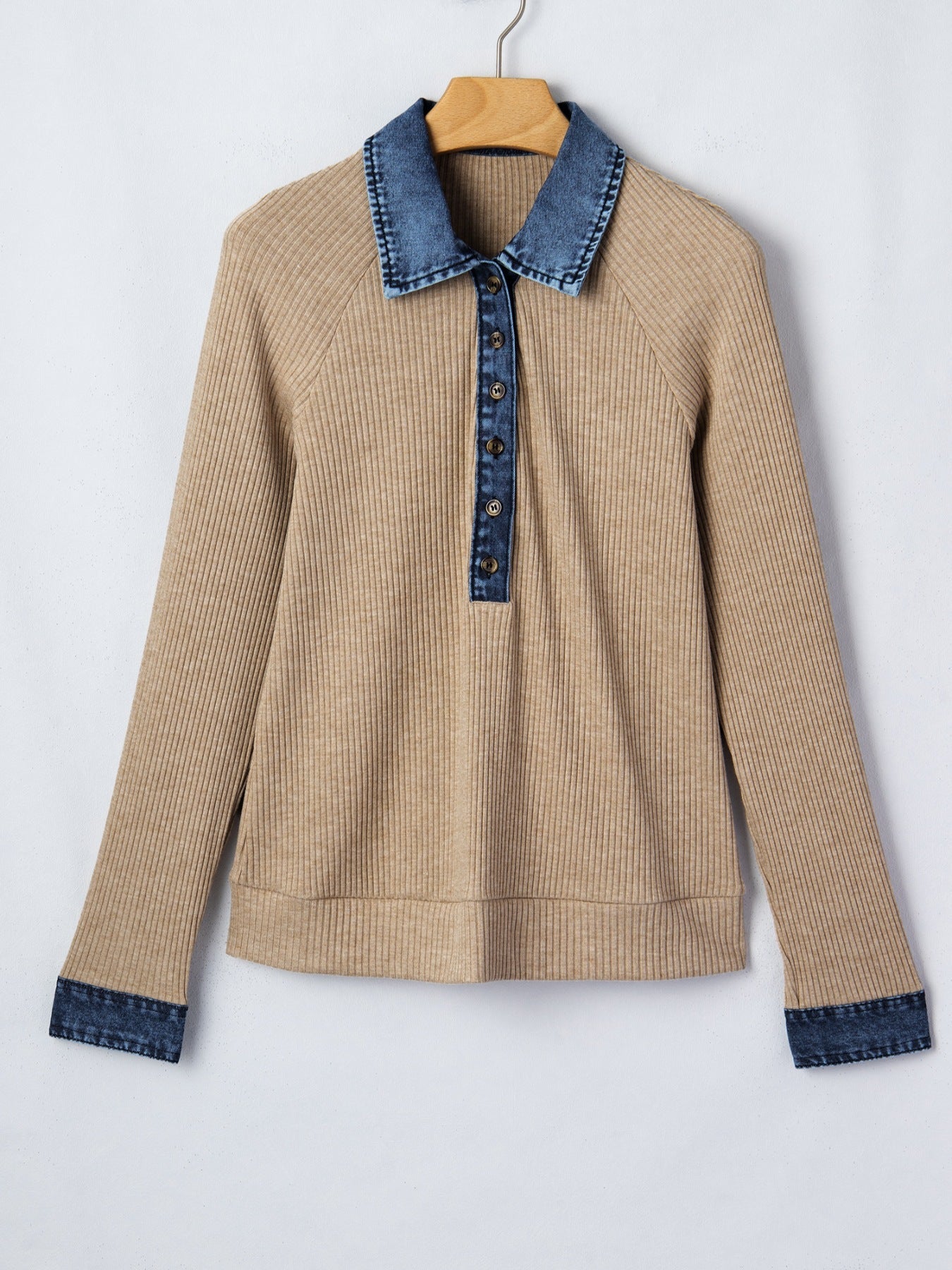 Ribbed Knit Denim Trim Button Detail Top