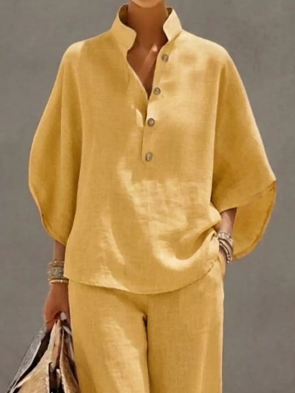 Full Size Button Detail 3/4 Sleeve Top and Pants Set Plus Size