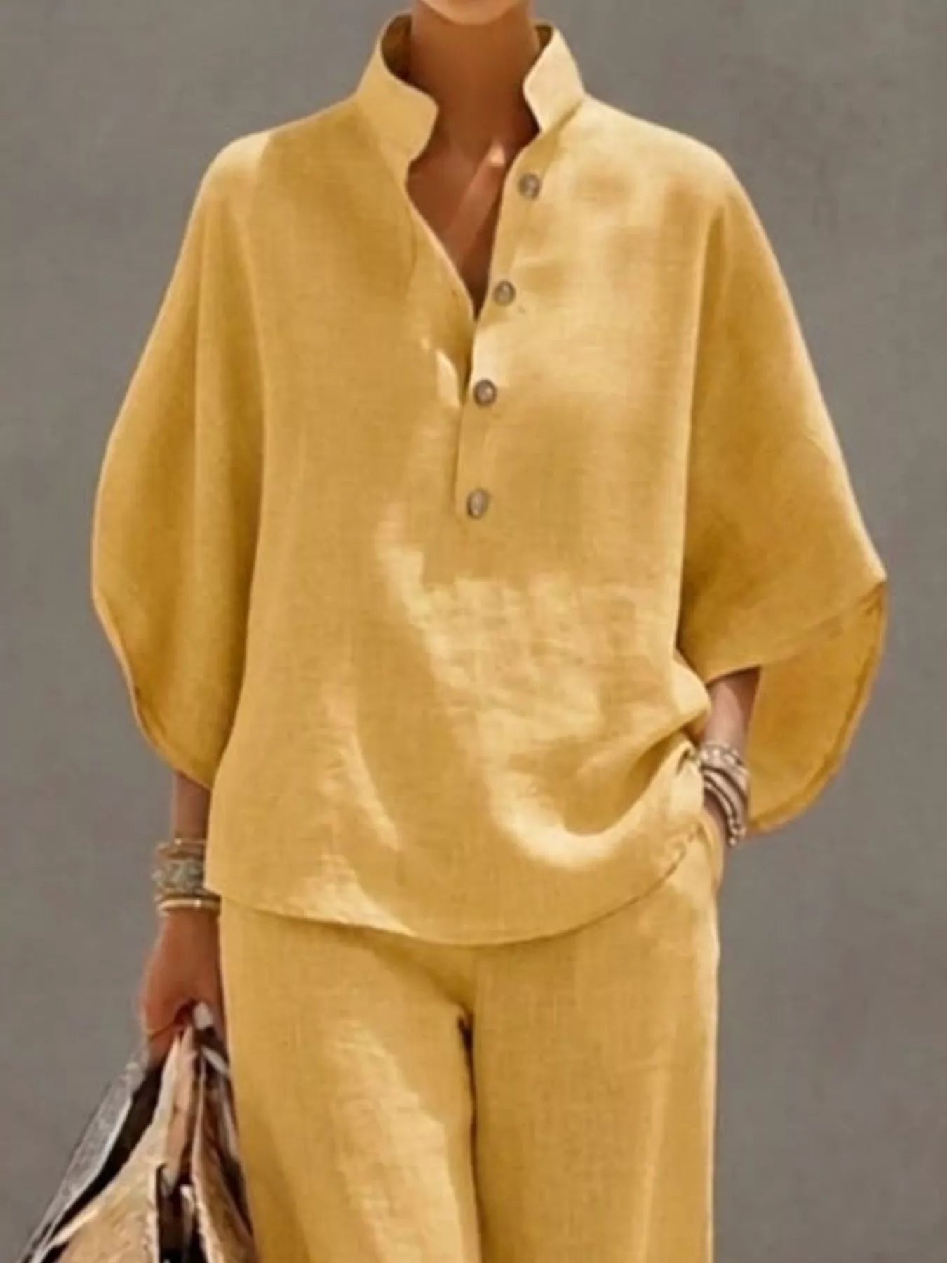 Full Size Button Detail 3/4 Sleeve Top and Pants Set Plus Size