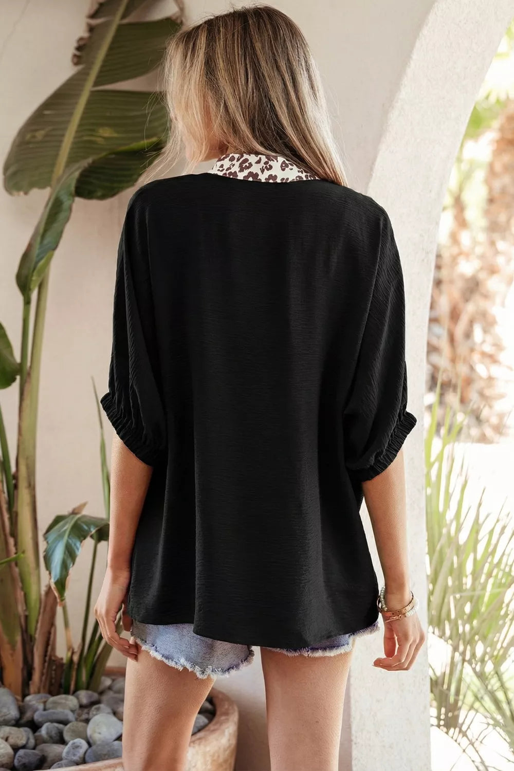 Leopard Accent Notched Neck Plus Size Short Sleeve Top