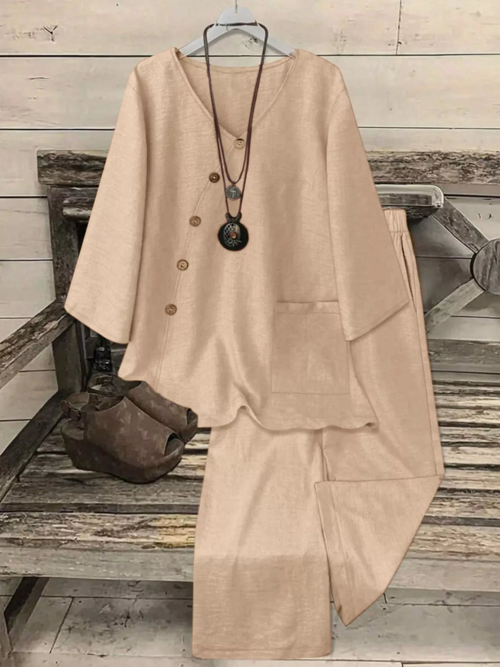 Plus Size V-Neck Long Sleeve Top and Pants Set