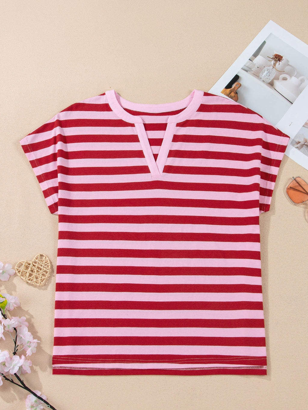 Stripe Split V Neck Casual T Shirt