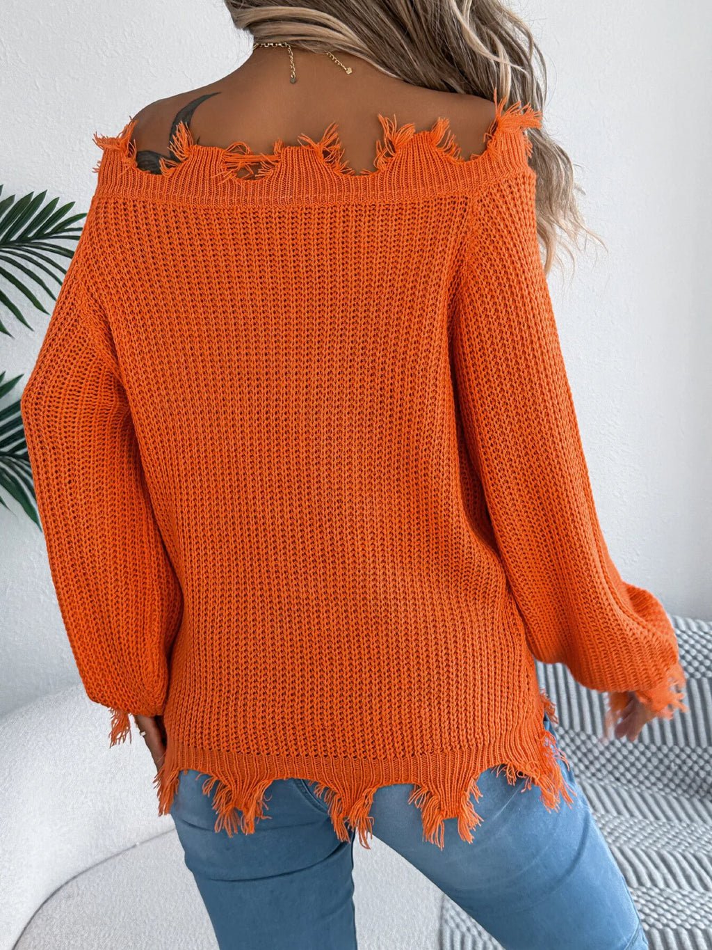 Distressed Hem Openwork Off-Shoulder Sweater