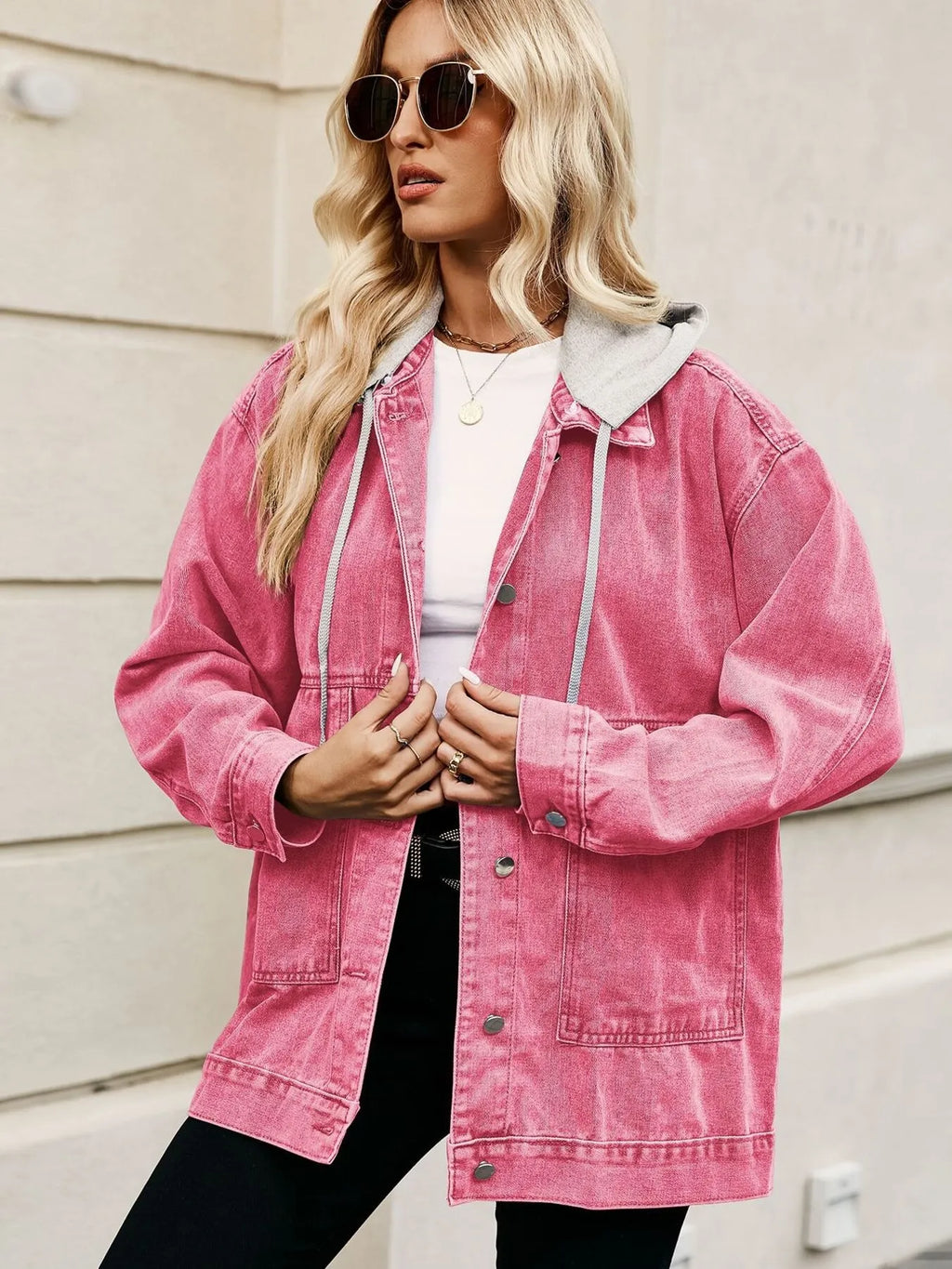Oversized Button Up Denim Jacket with Hood