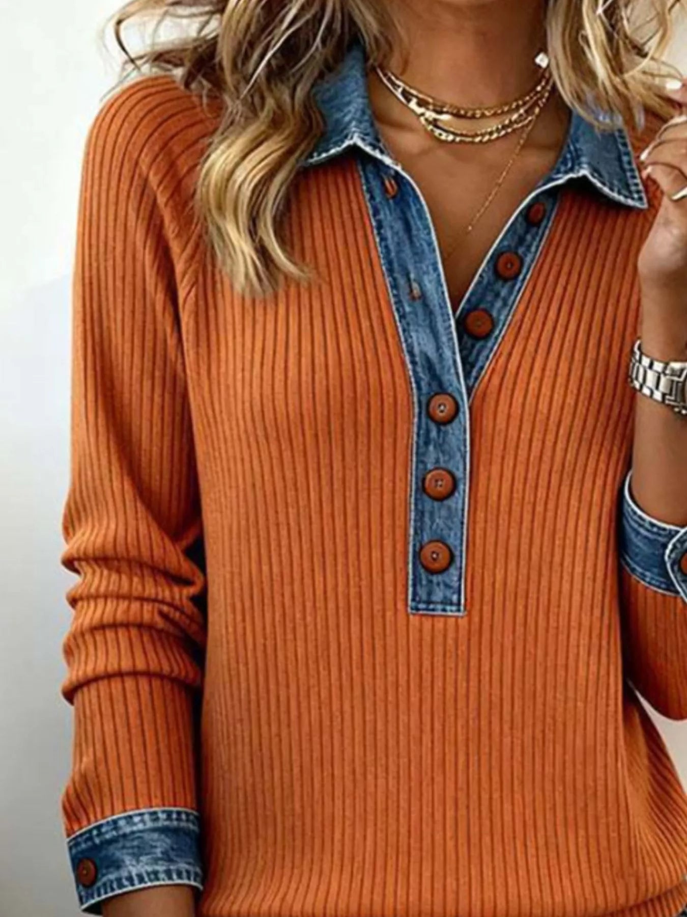 Full Size Denim Trim Button Front Ribbed Knit Top Plus Size