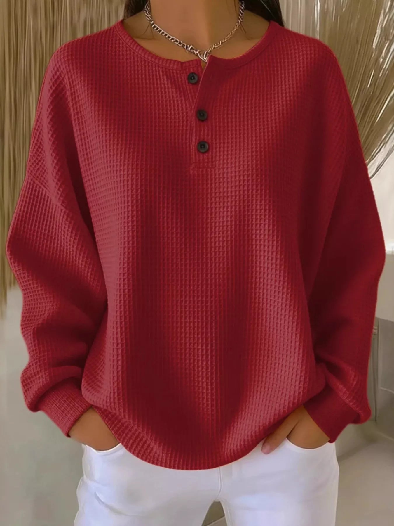 Full Size Waffle Knit Half Button T-Shirt Plus Size