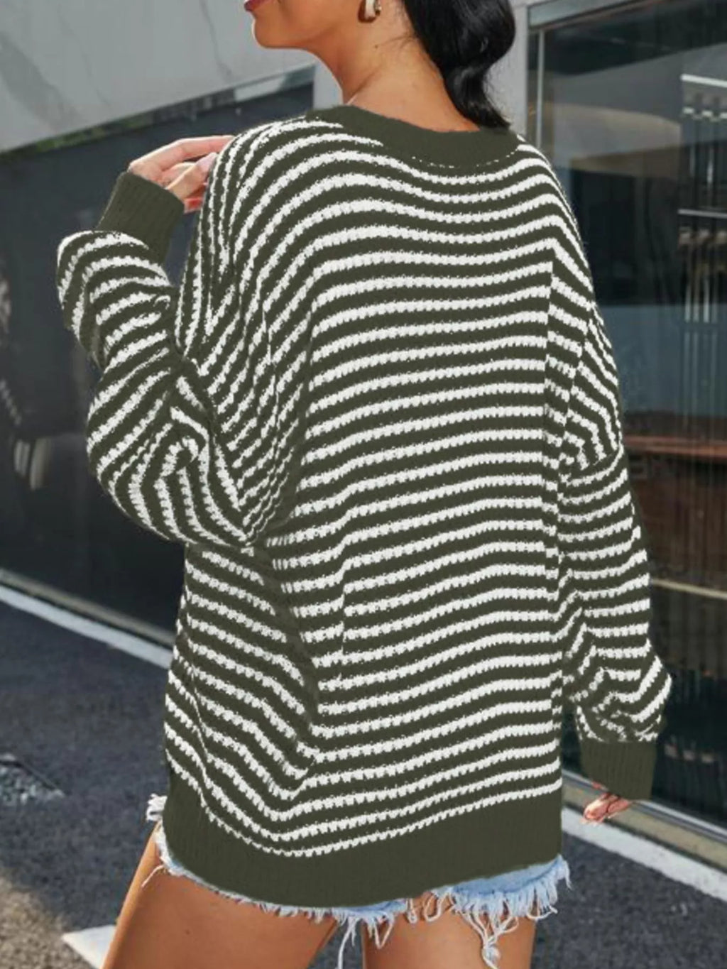 Striped Round Neck Drop Shoulder Sweater
