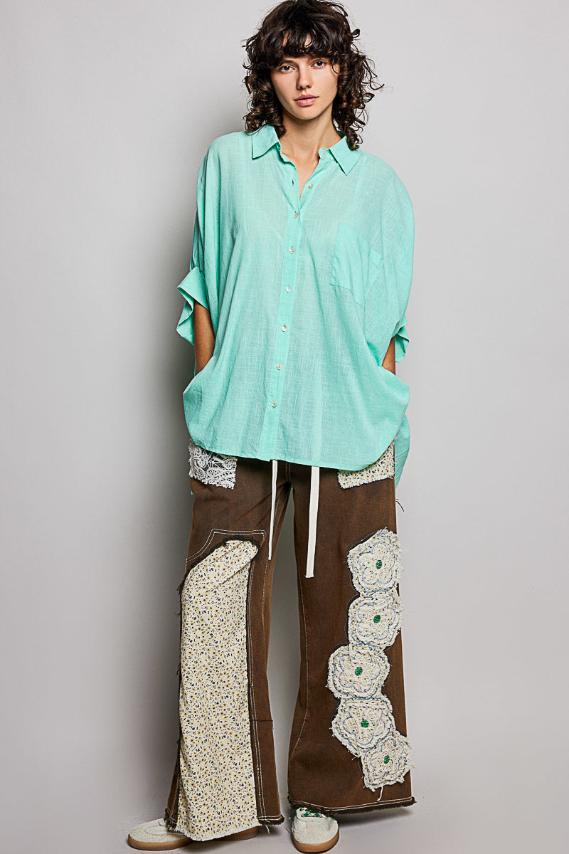 POL Button Down Half Dolman Sleeve Shirt