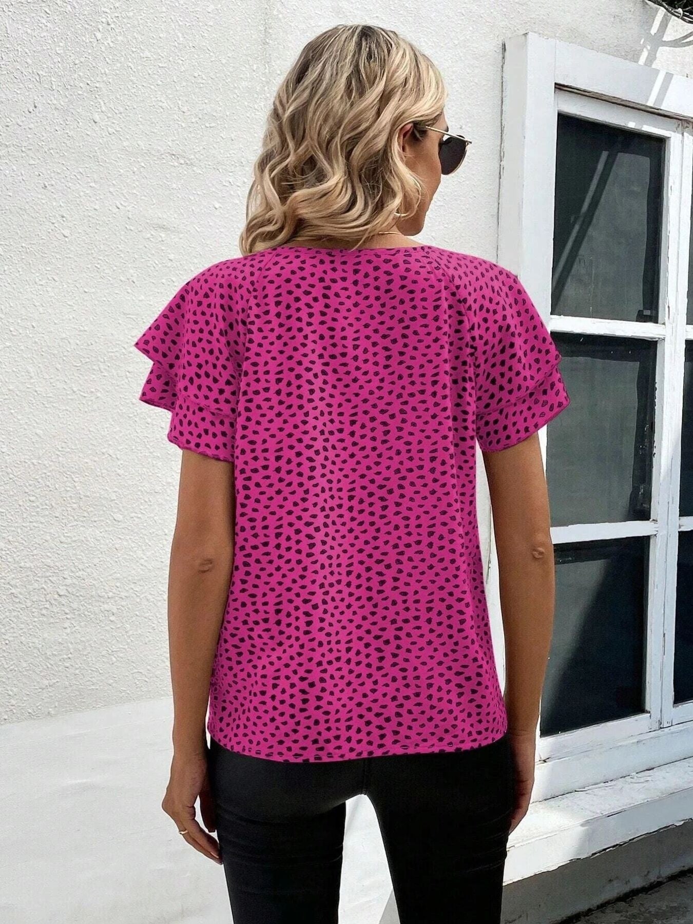 Animal Print Ruffle Sleeve Blouse