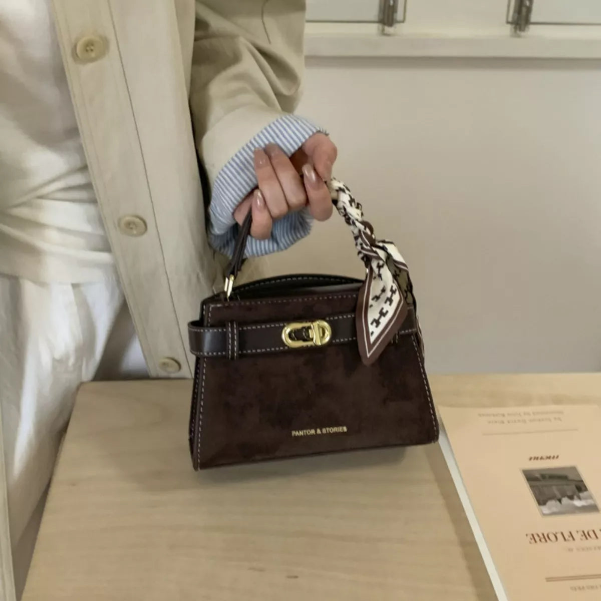 Suede Mini Crossbody Bag with Leather Strap