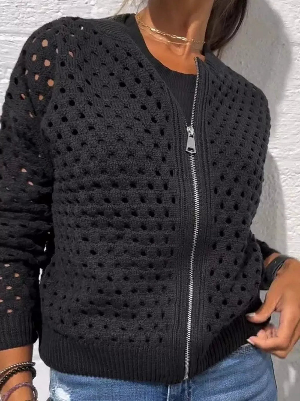 Full Size Zip Up Long Sleeve Cardigan with Eyelet Detail Plus Size