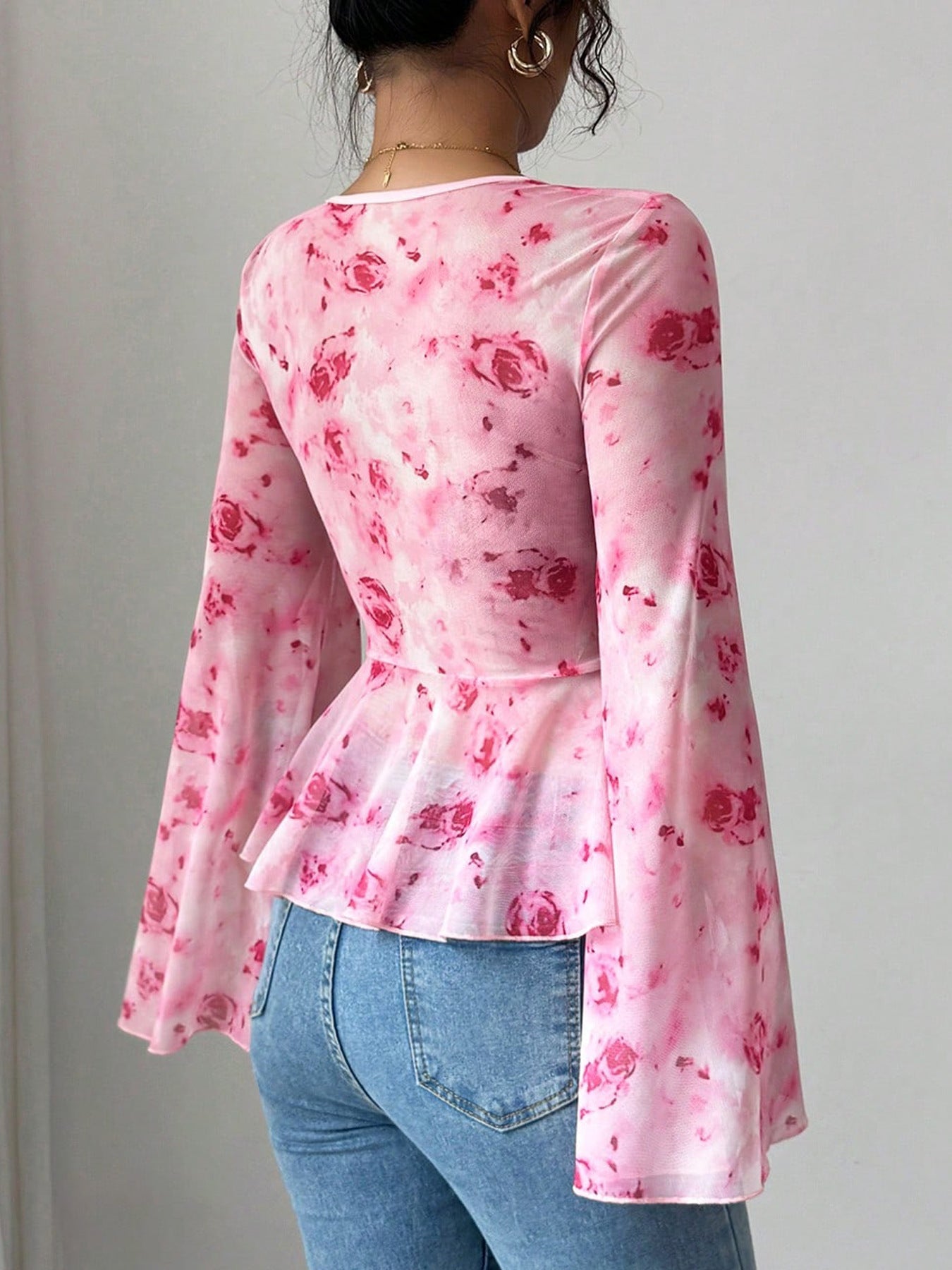 Floral Print Tie Front Flare Sleeve Chiffon Blouse