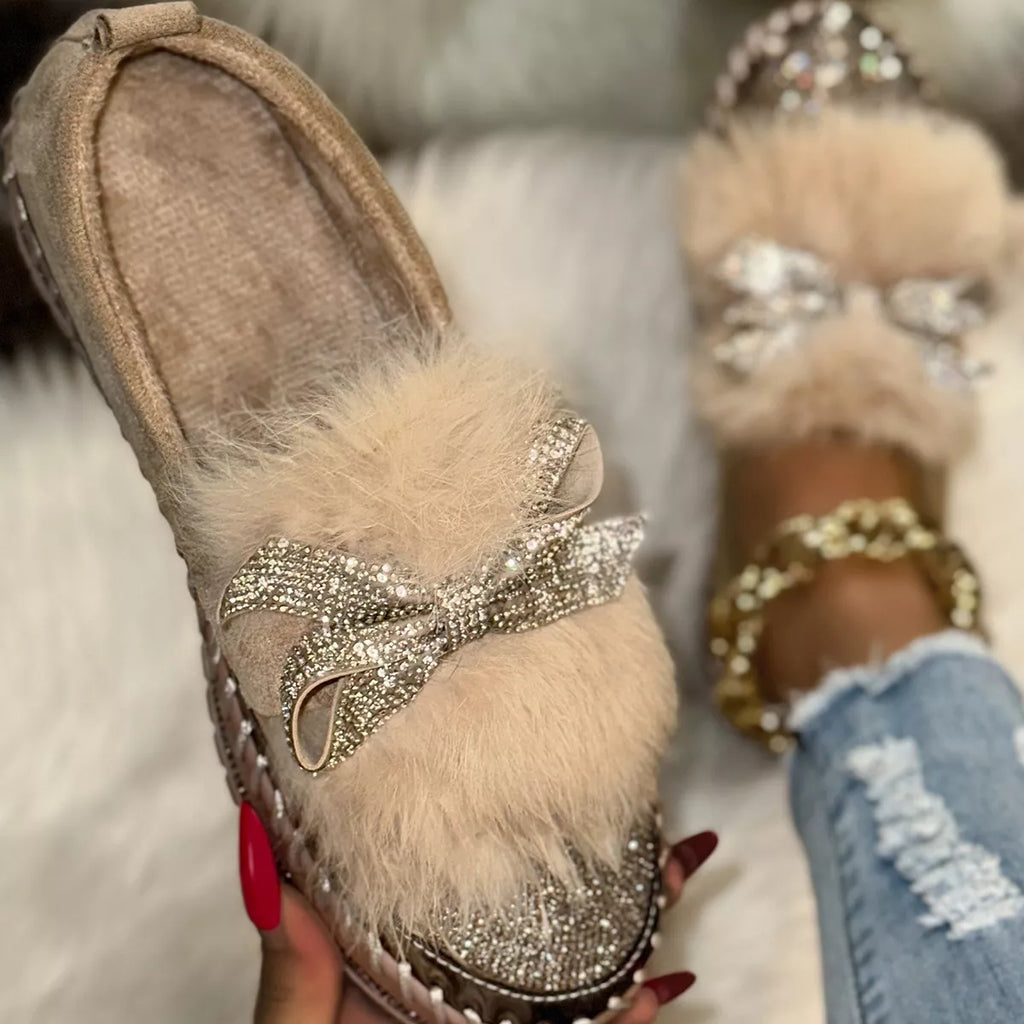 Fuzzy Bowknot Rhinestone Platform Loafers