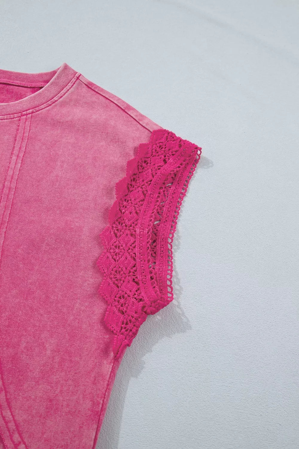 Mineral Wash Raw Seam Detail Lace Trim Cap Sleeve Top