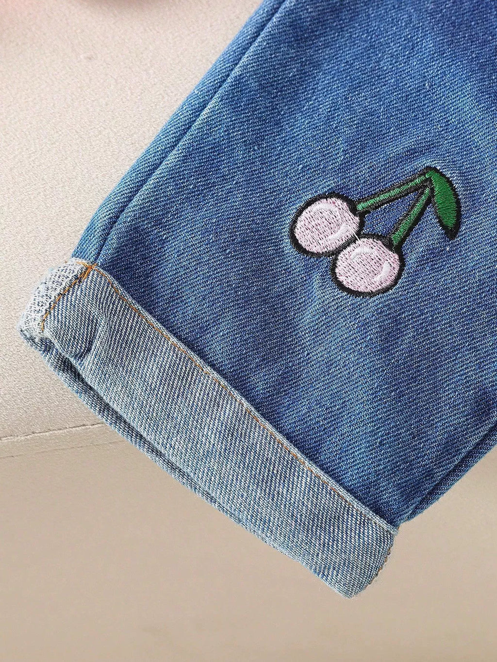 Children's Cherry Embroidered Knit Top and Jeans Set
