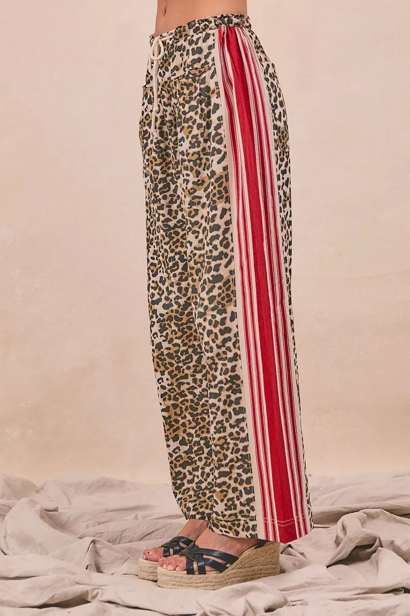 BiBi Leopard Print Pants with Side Contrast and Tucking Welt Pocke