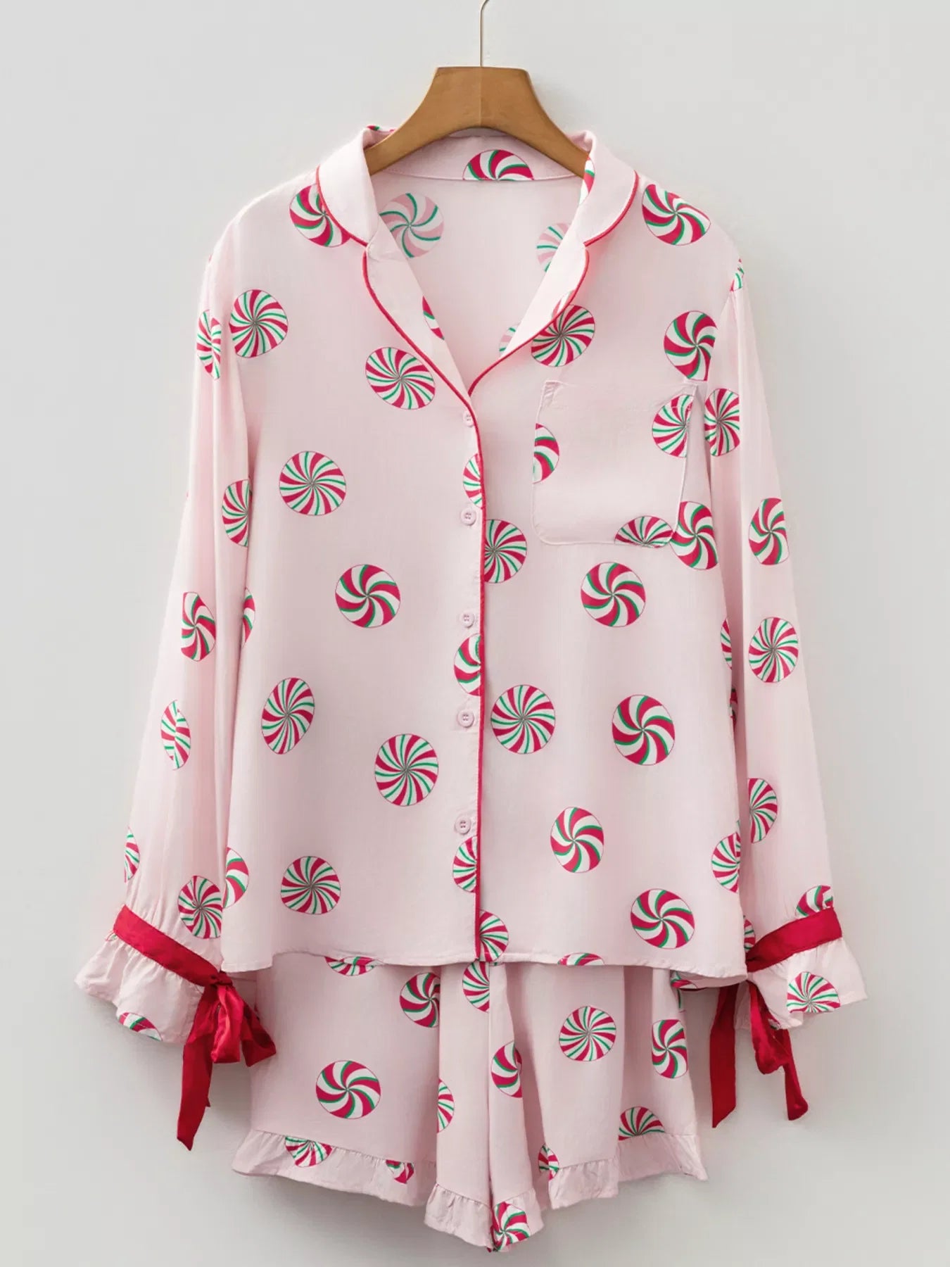 Christmas Candy Contrast Trim Bow Knot Top and Shorts 2pcs Pajama Set