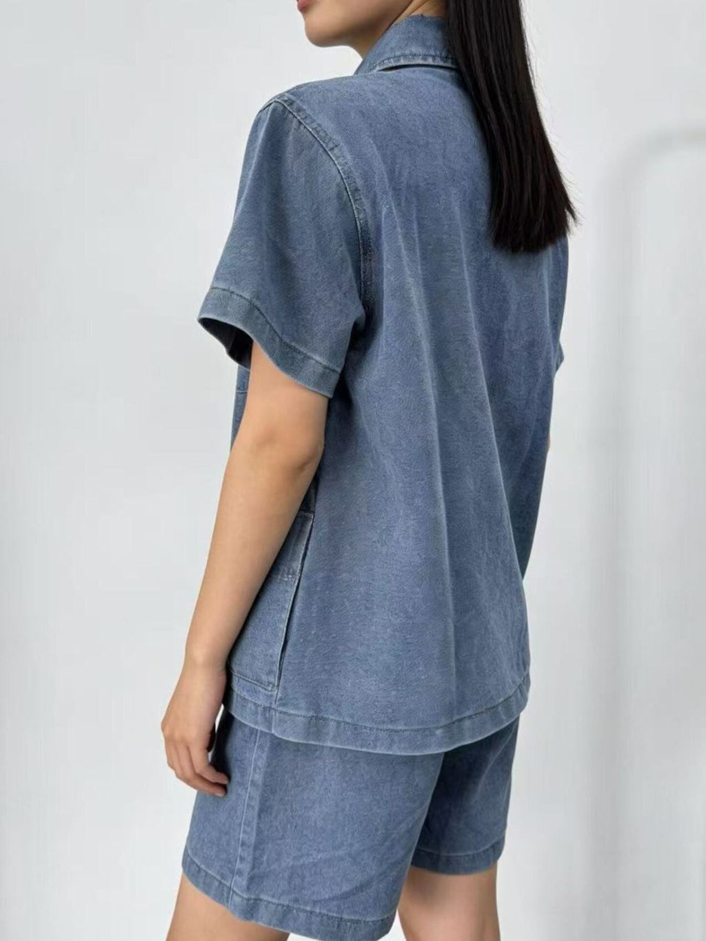 Button Up Short Sleeve Top and Shorts Denim Set