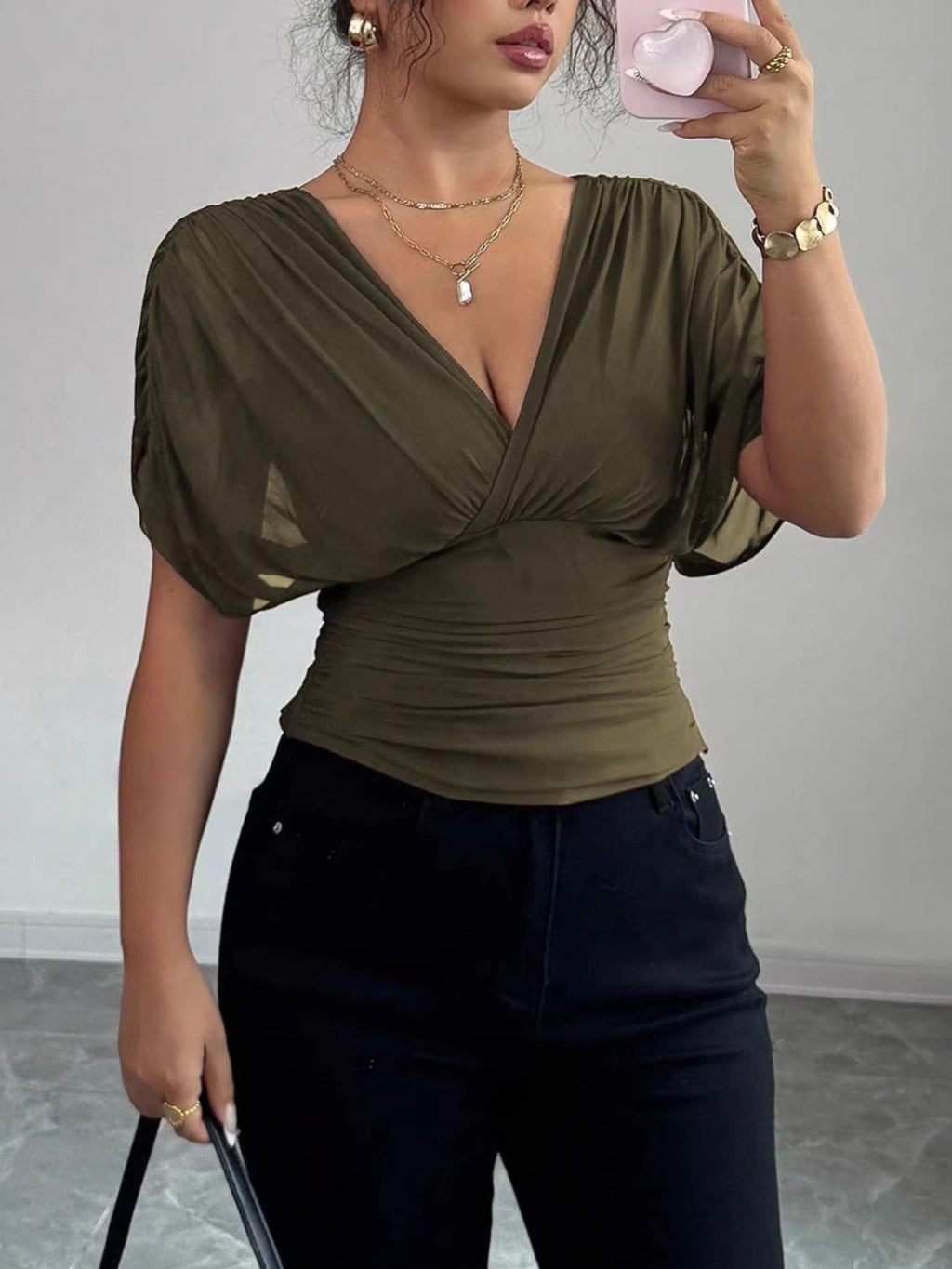 Ruched Surplice Short Sleeve Top