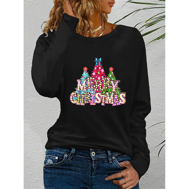 Women’s Long Sleeve Merry Christmas T-Shirt – Cute Christmas Tree Graphic Tee