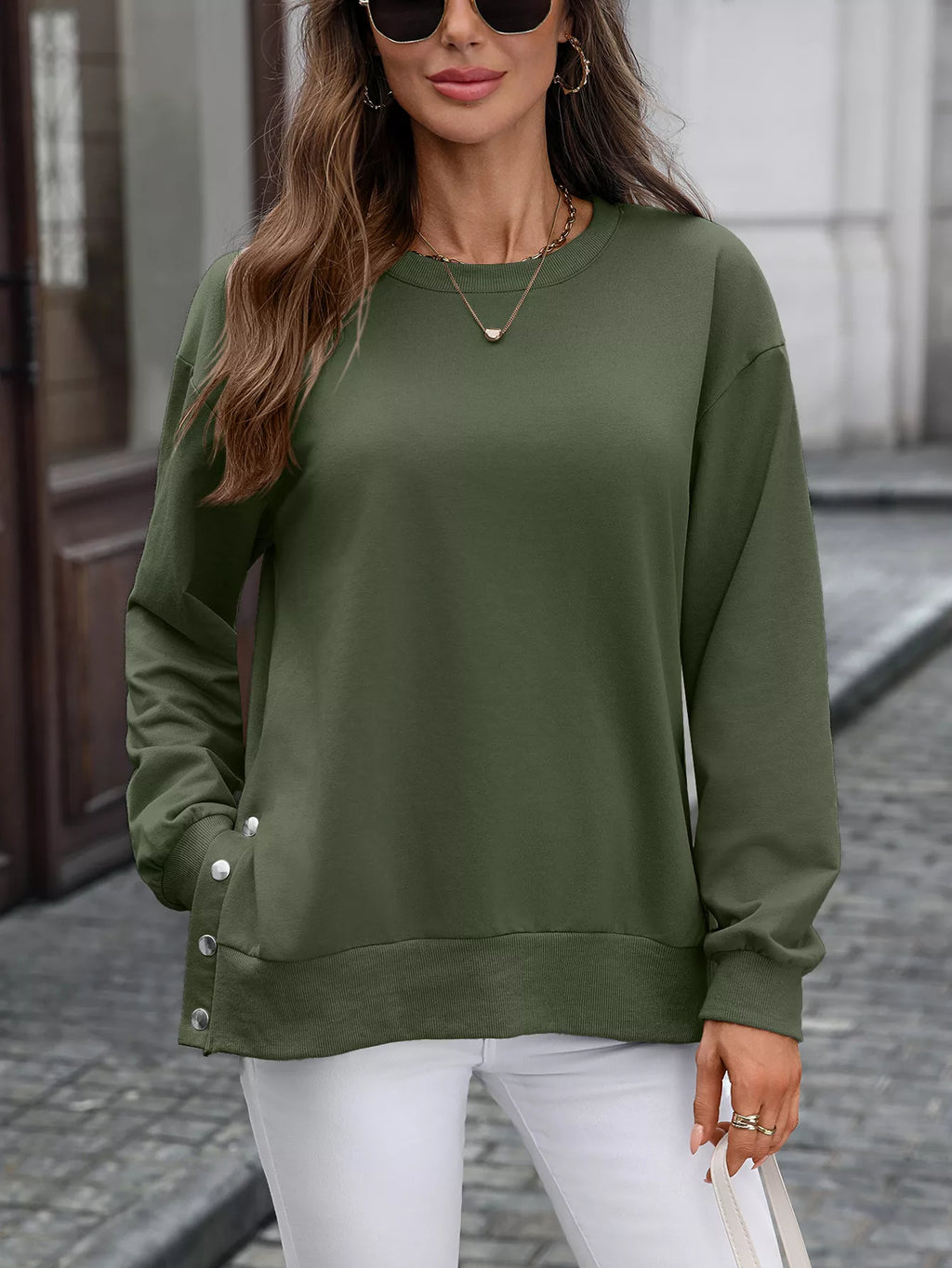 Side Snap Round Neck Sweatshirt