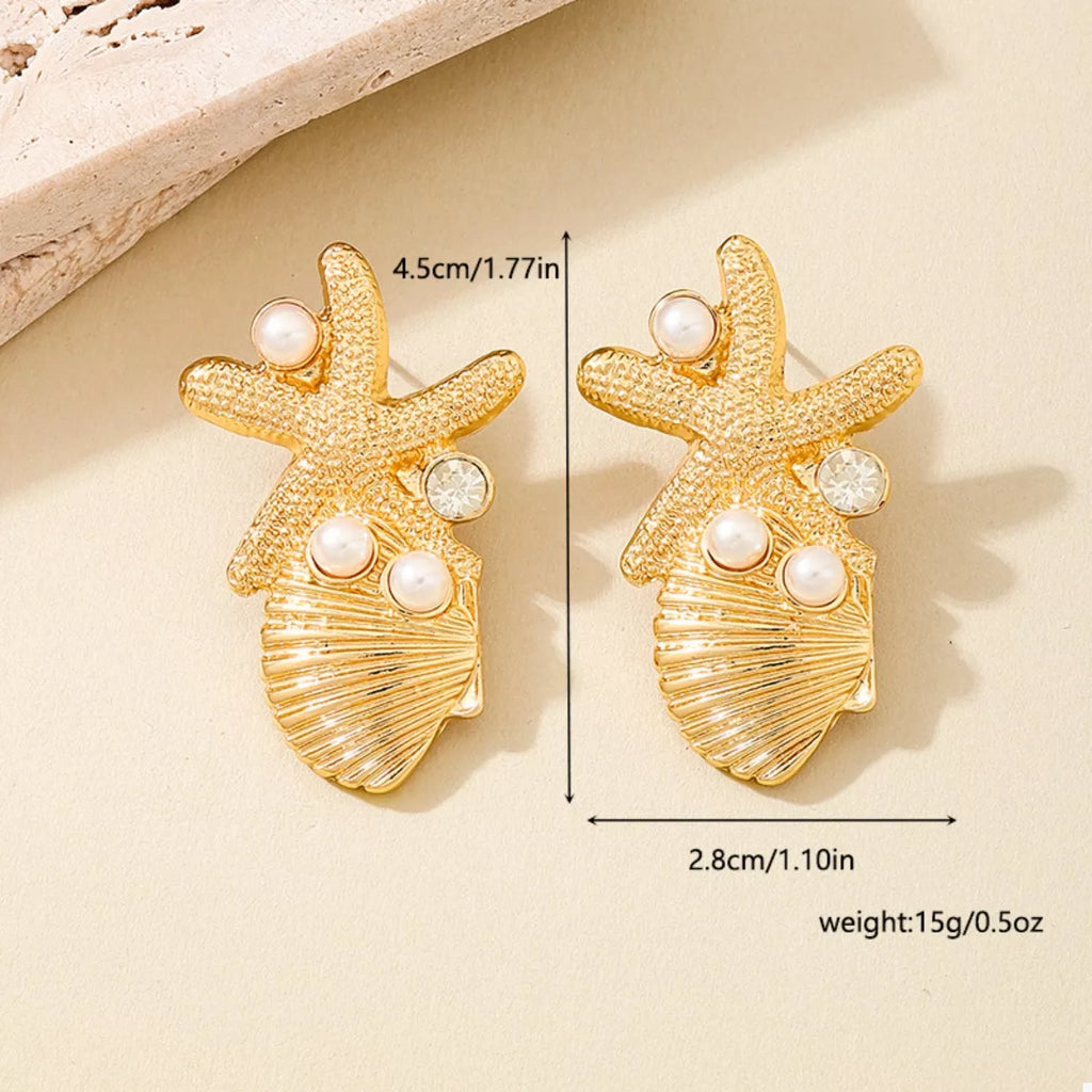 Ocean Starfish Shell Synthetic Pearl Drop Earrings