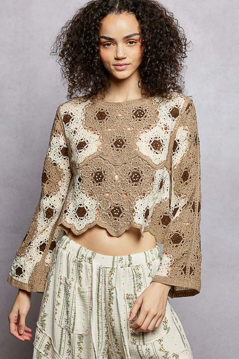 POL Floral Weave Pattern Crochet Cropped Top with Beads Detail